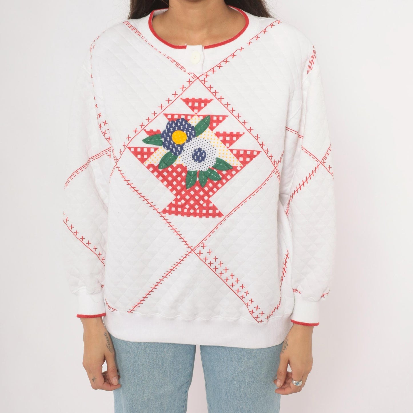 90s Jason Maxwell Quilted Floral Henley Sweatshirt White Red Cross Stitch Large L