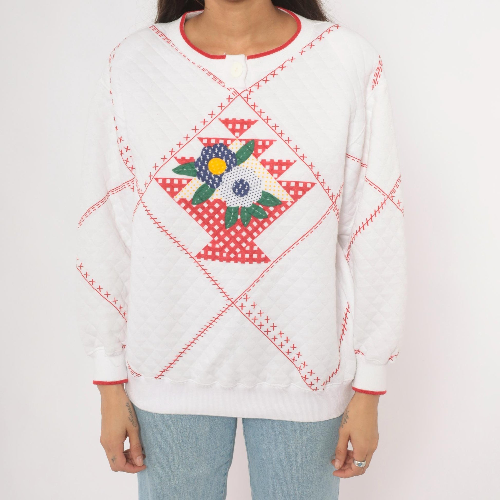 90s Jason Maxwell Quilted Floral Henley Sweatshirt White Red Cross Stitch Large L