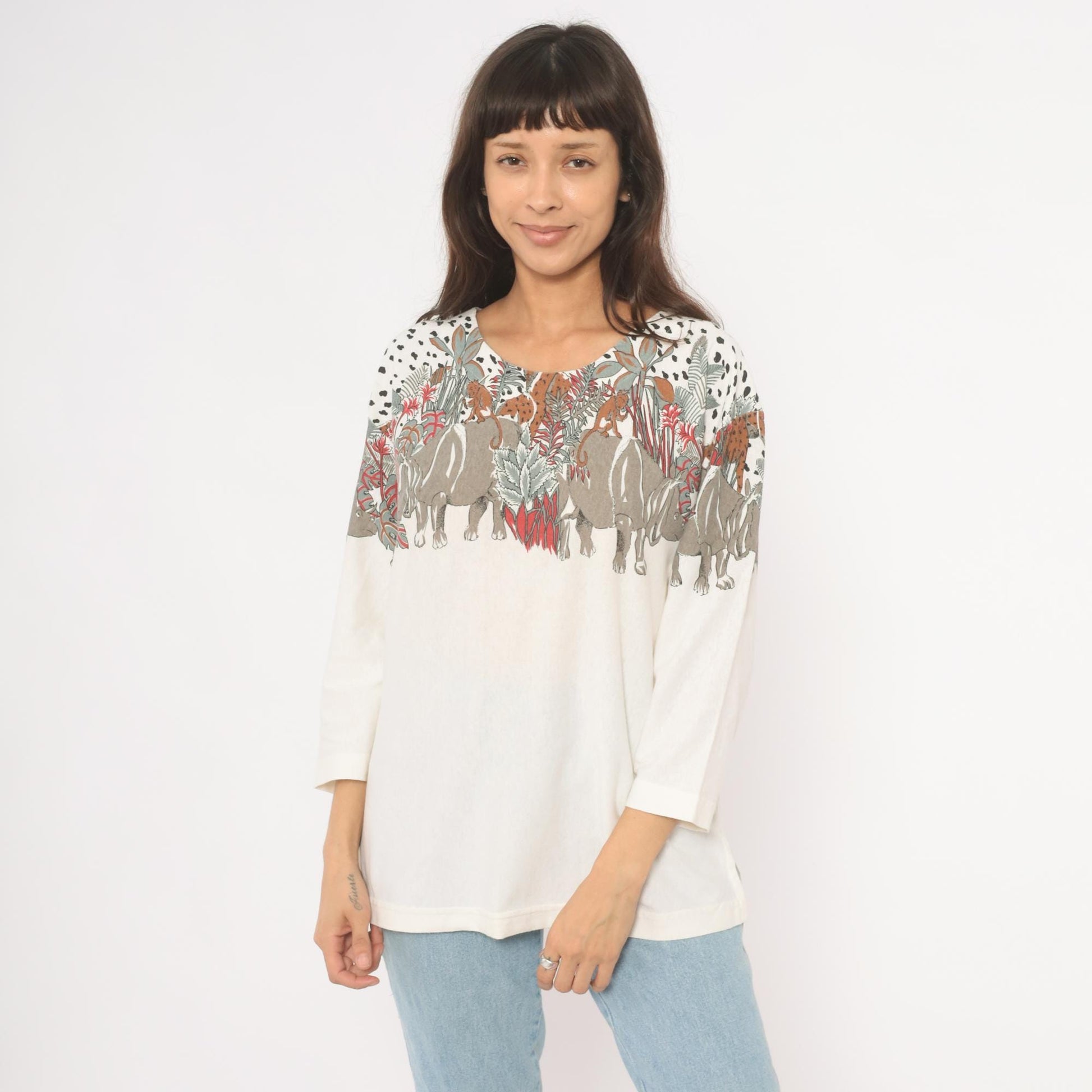 90s Enchante Sport Safari Animal Print Top Cream Jungle Scene Large L