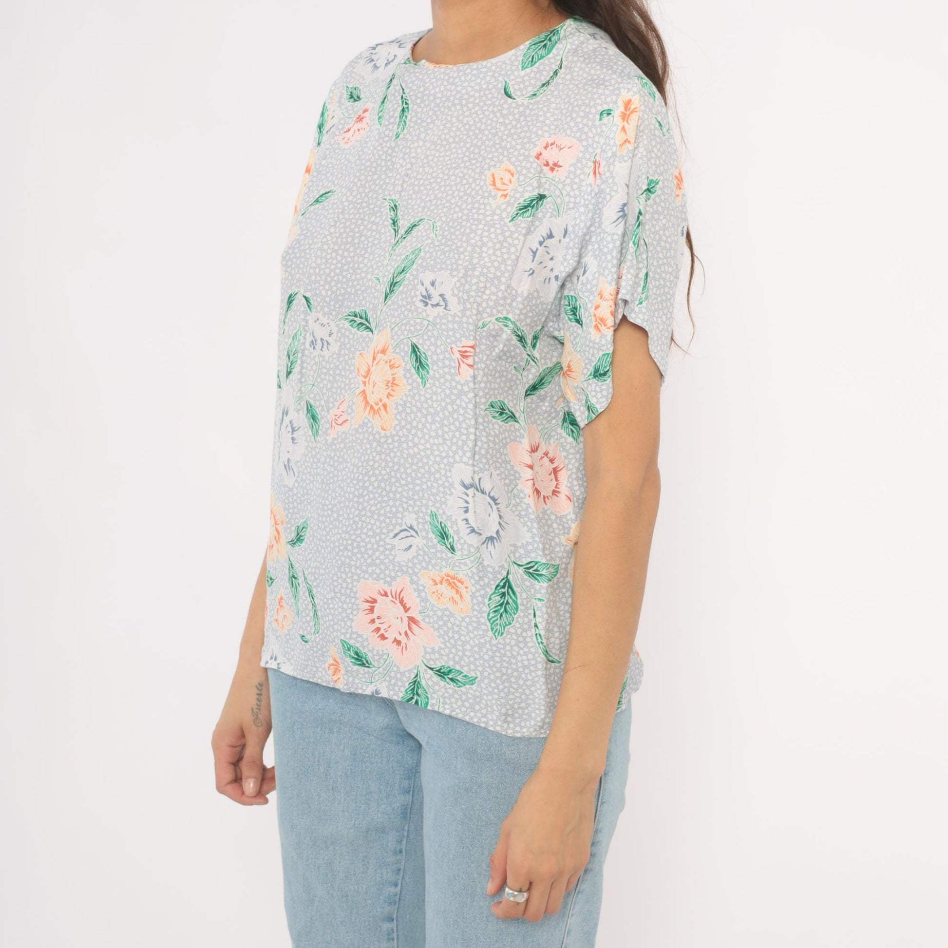 90s JH Collectibles Botanical Floral Blouse Lavender Periwinkle Medium M