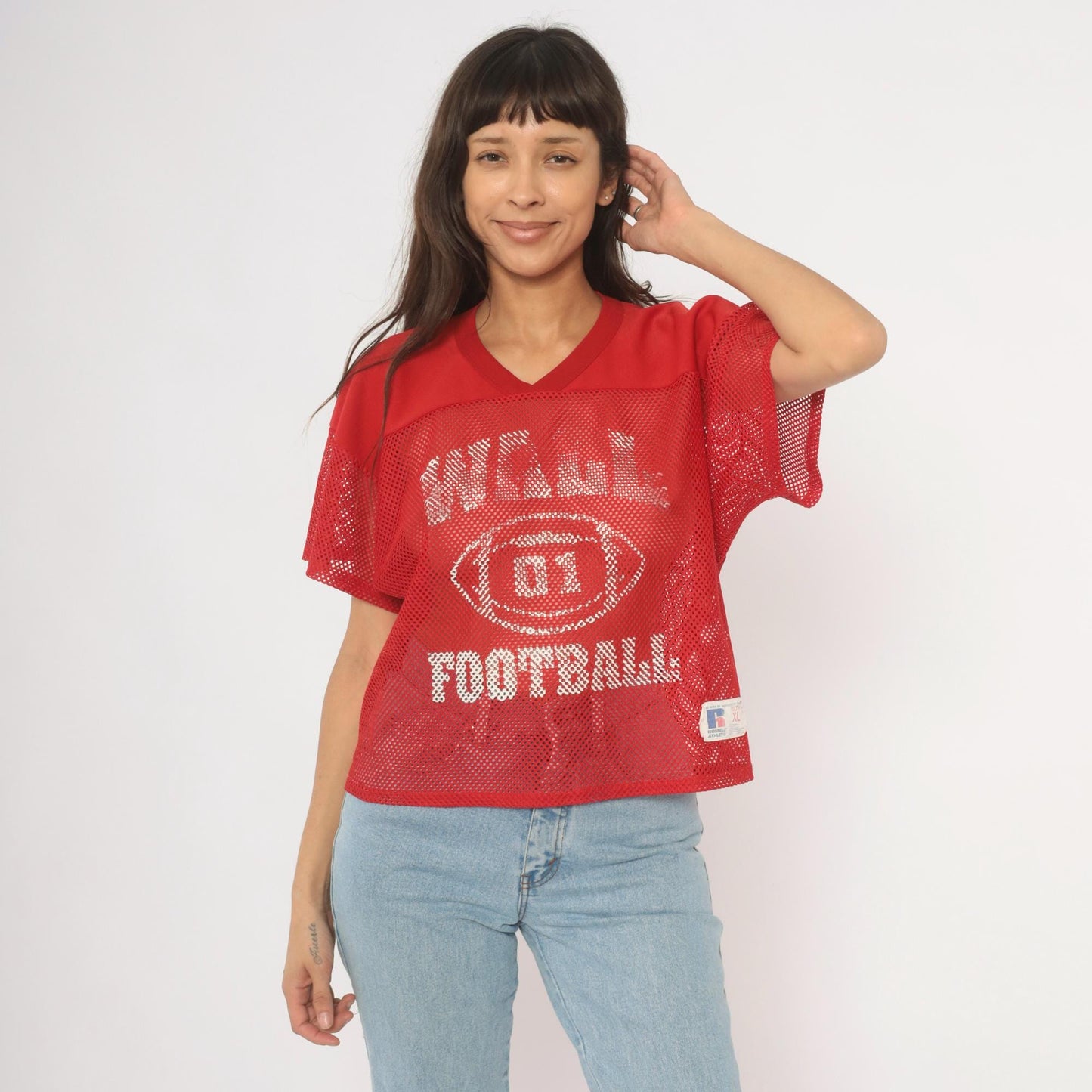 90s Russell Athletic Mesh Football Jersey Red Graphic Crop Medium