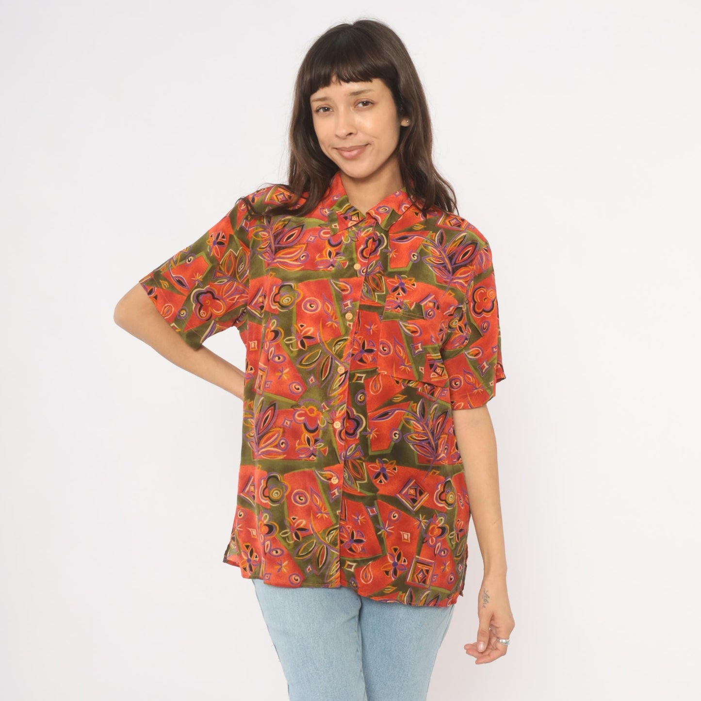 90s Quo-Silk Abstract Patchwork Silk Shirt Orange Olive Purple Camp Collar Medium