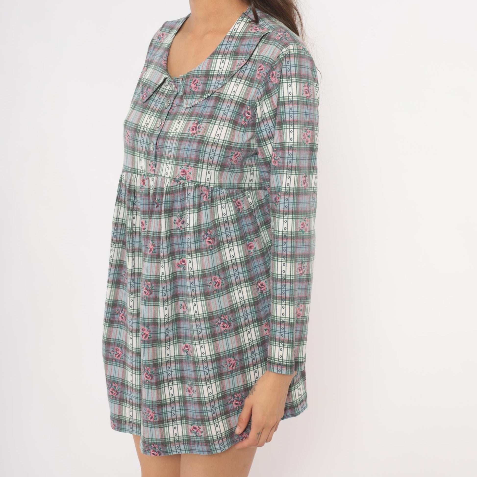 90s New Addition Maternity Floral Plaid Mini Dress Peter Pan Collar Pink Medium M