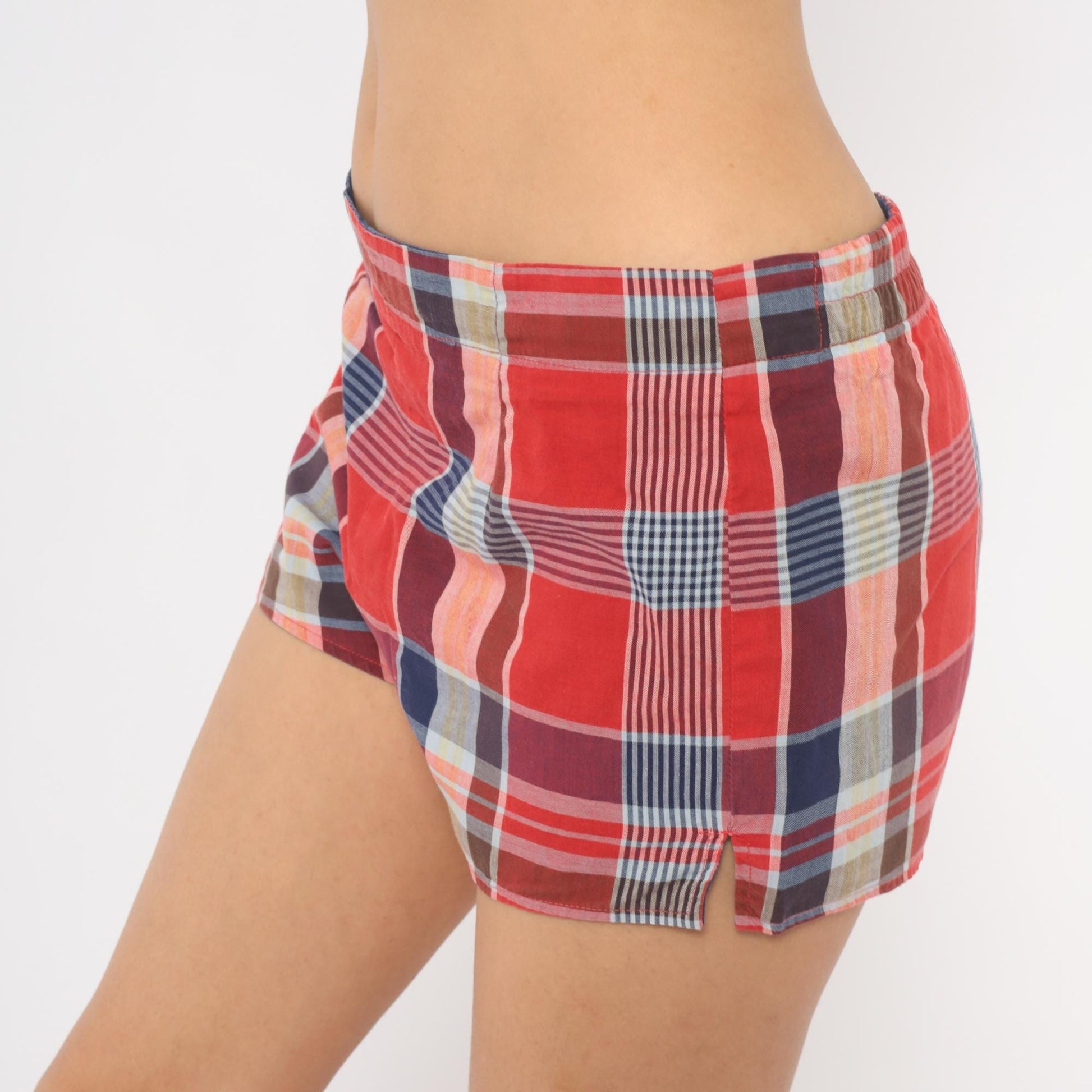 1960s Jantzen Reversible Plaid Shorts Red Navy Cotton Low Rise Medium M
