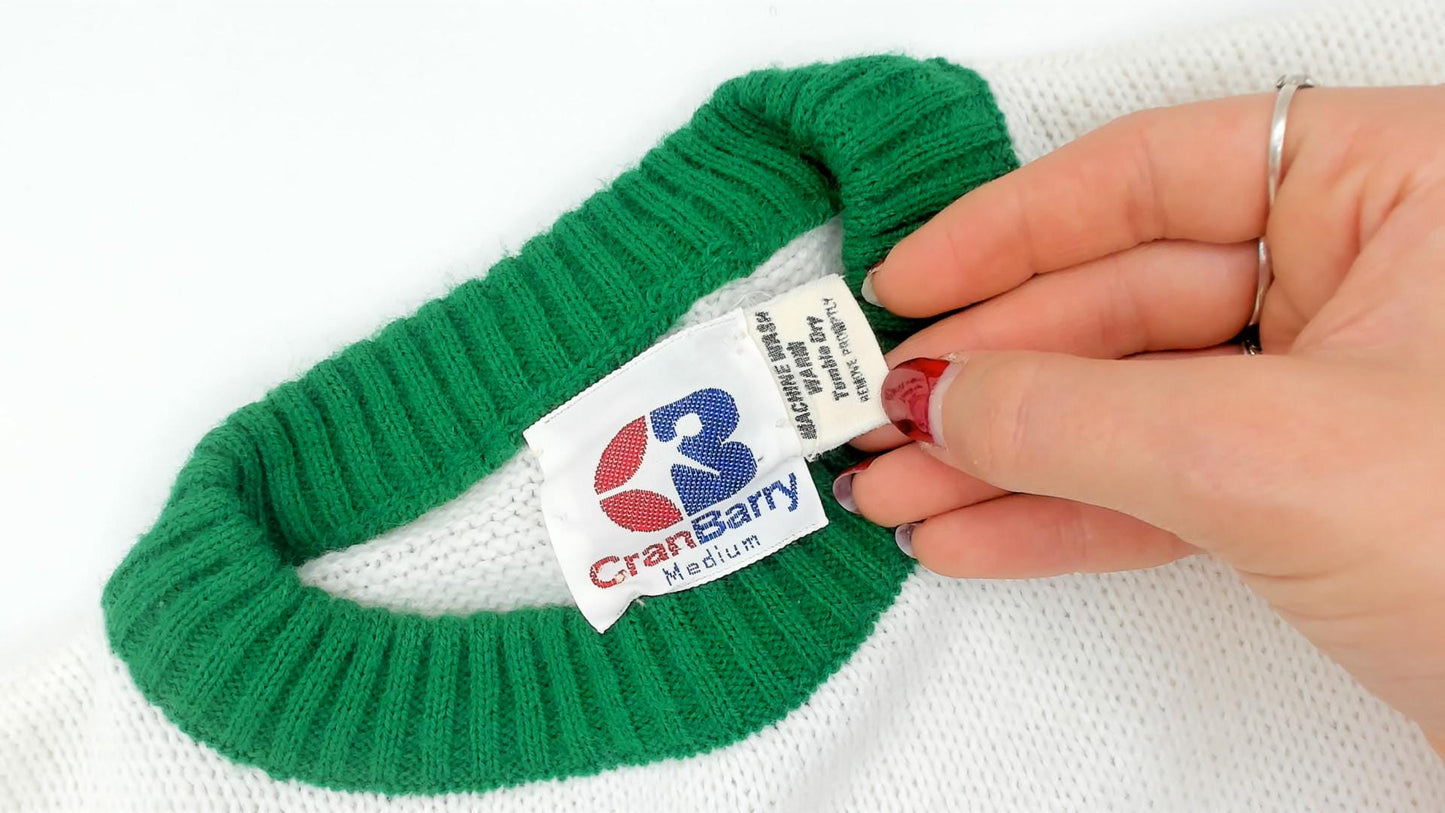 70s Striped Knit Sweater White Green Ringer Pullover Small
