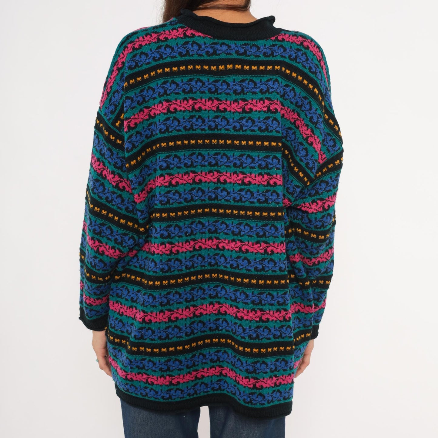 90s Jacque & Koko Jacquard Knit Sweater Teal Scroll Pattern Crew Neck Extra Large XL