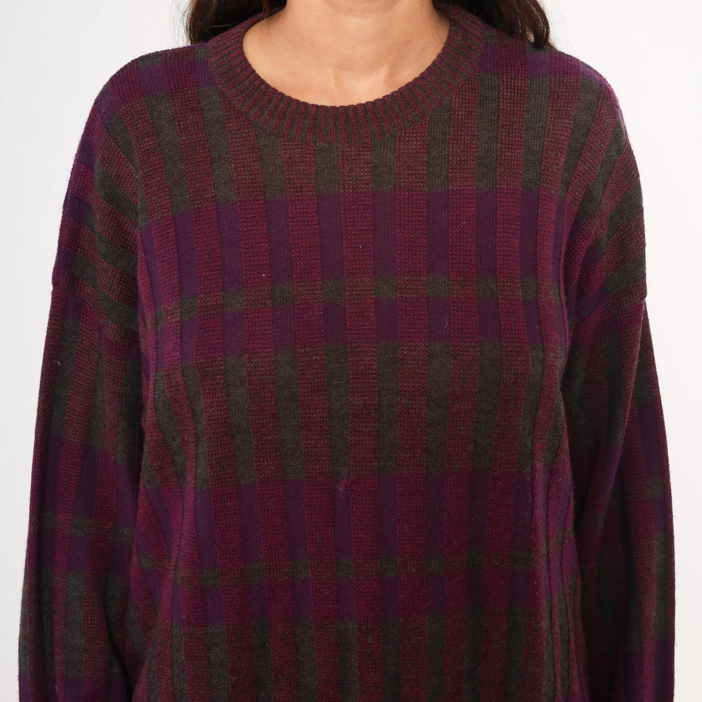 80s Gea Plaid Knit Sweater Burgundy Purple Grey Crewneck Extra Large XL