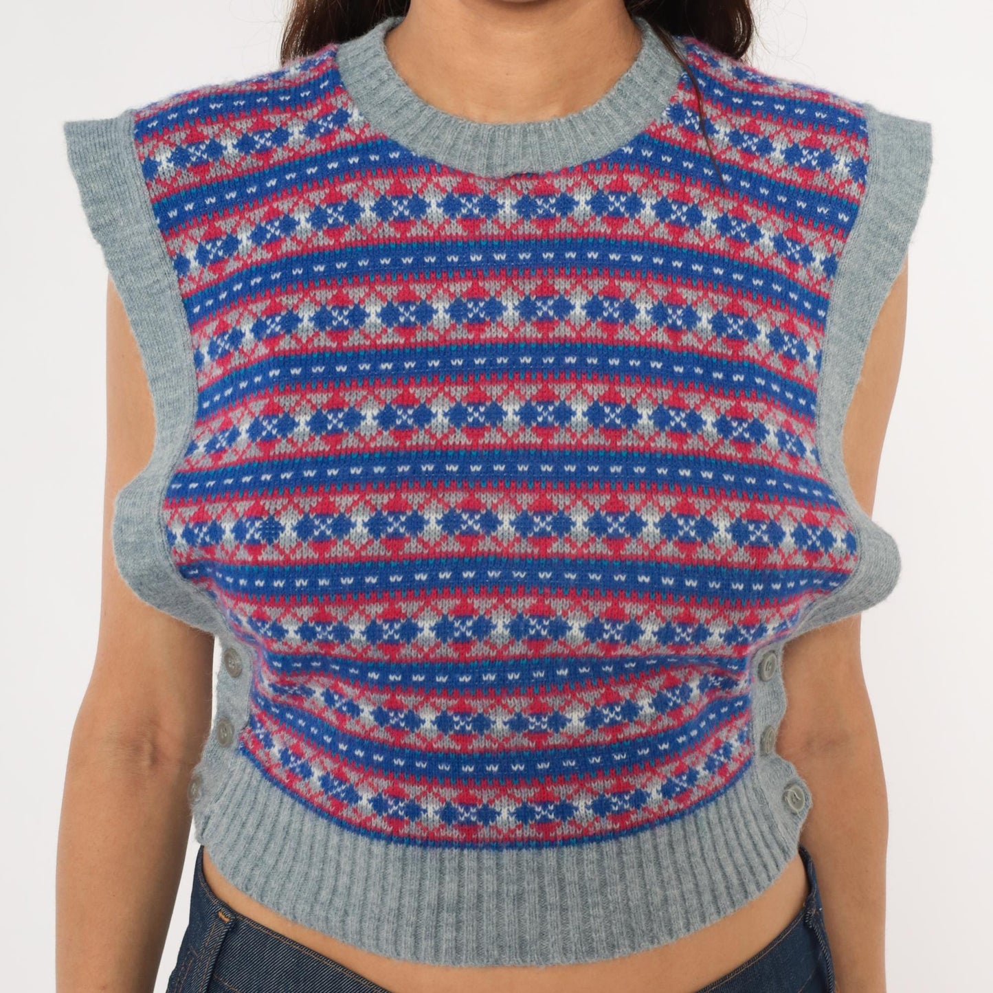 80s Fair Isle Sweater Vest Grey Blue Red Geometric Knit Cropped Extra Small XS