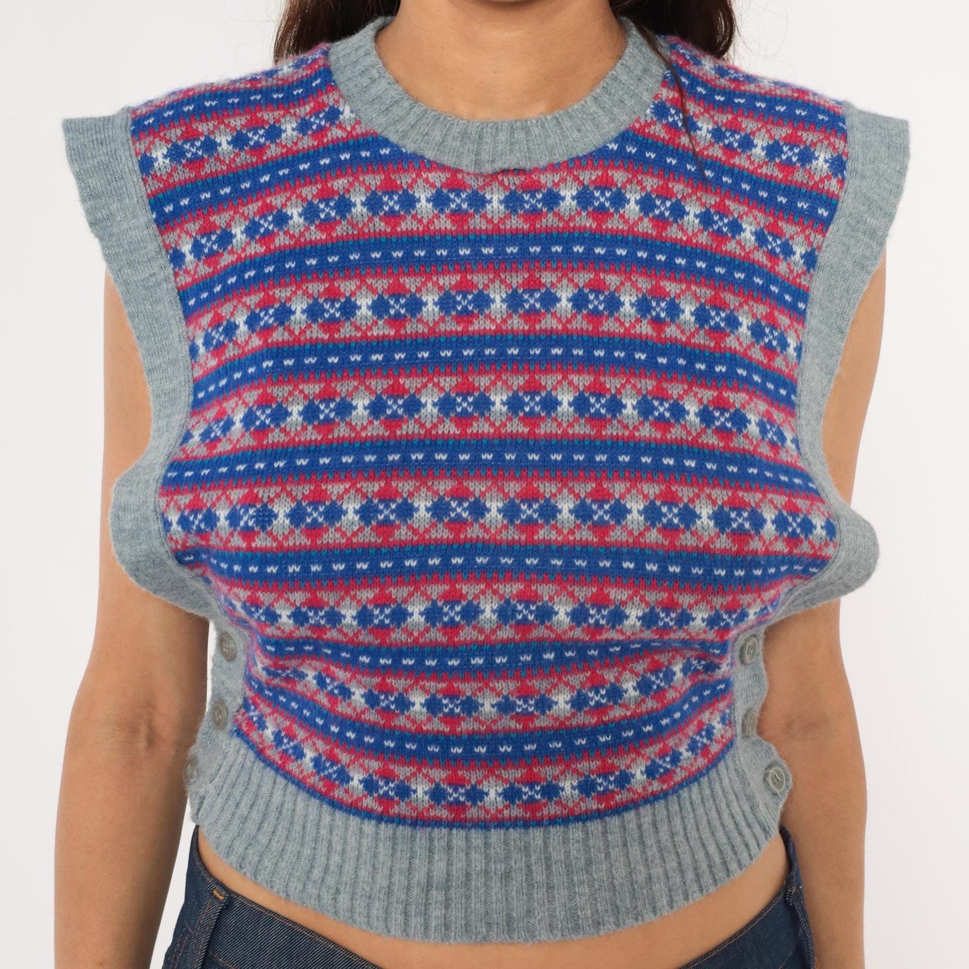 80s Fair Isle Sweater Vest Grey Blue Red Geometric Knit Cropped Extra Small XS