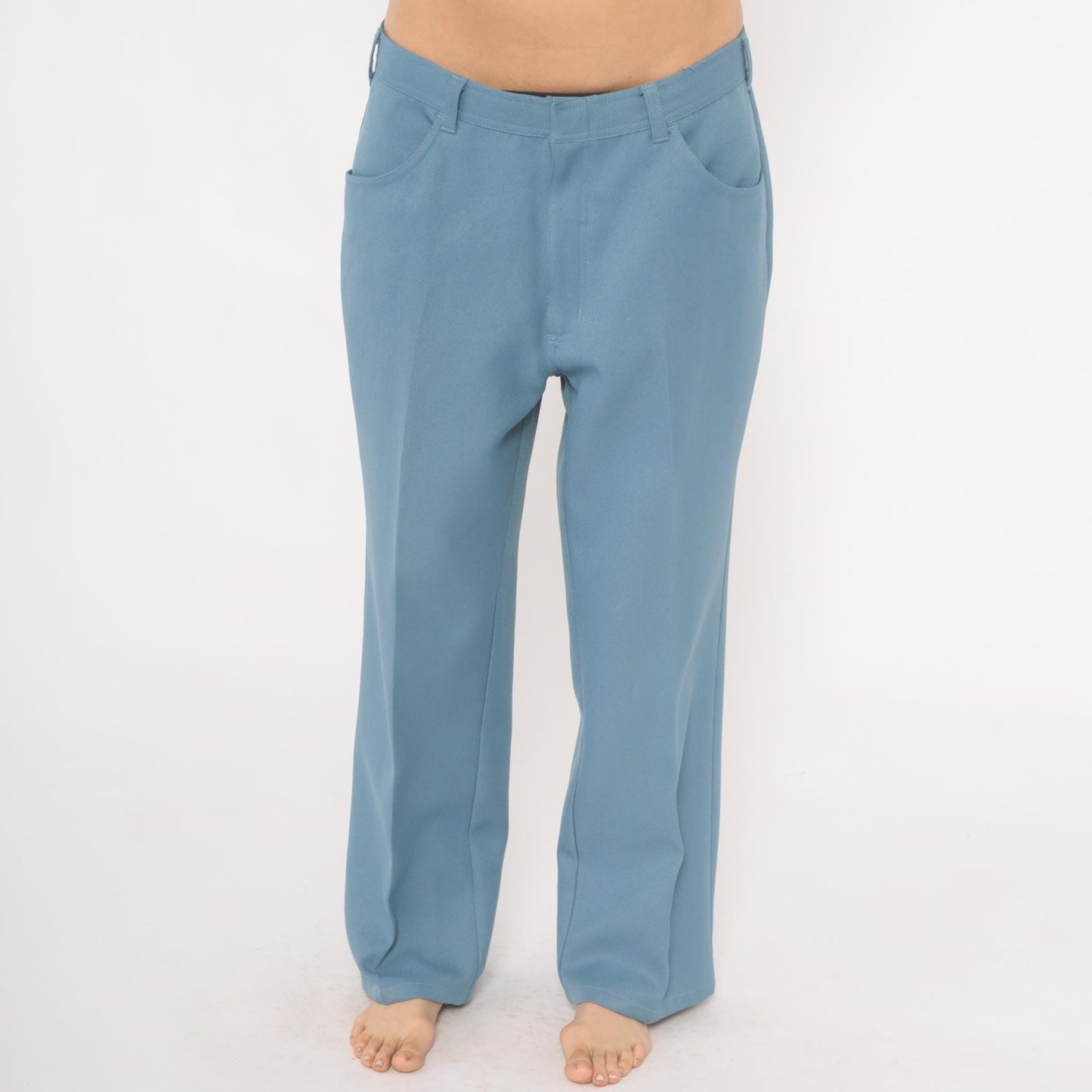 70s Scandia Woods Slate Blue Straight Leg Trousers Flat Front Chevron Stitch Mens 36