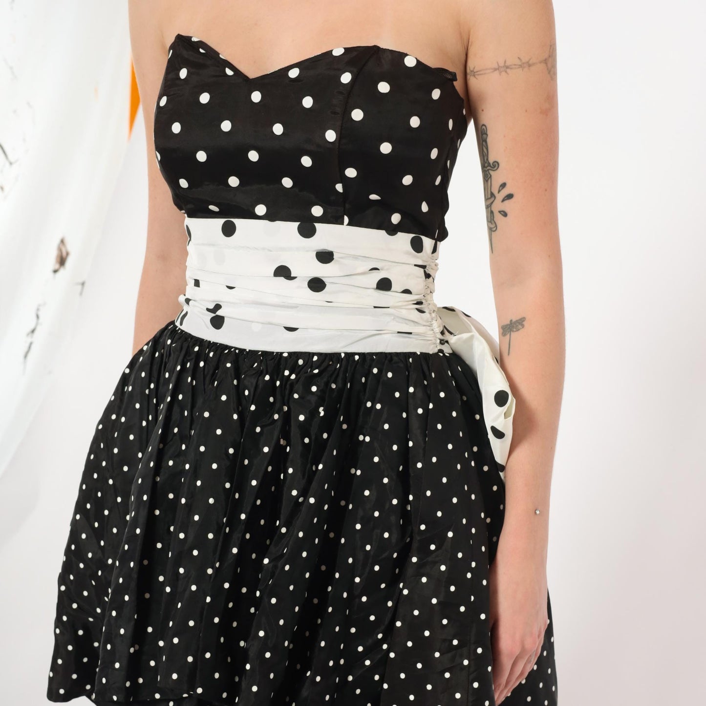80s Jessica McClintock Gunne Sax Polka Dot Strapless Gown Black White Extra Small XS