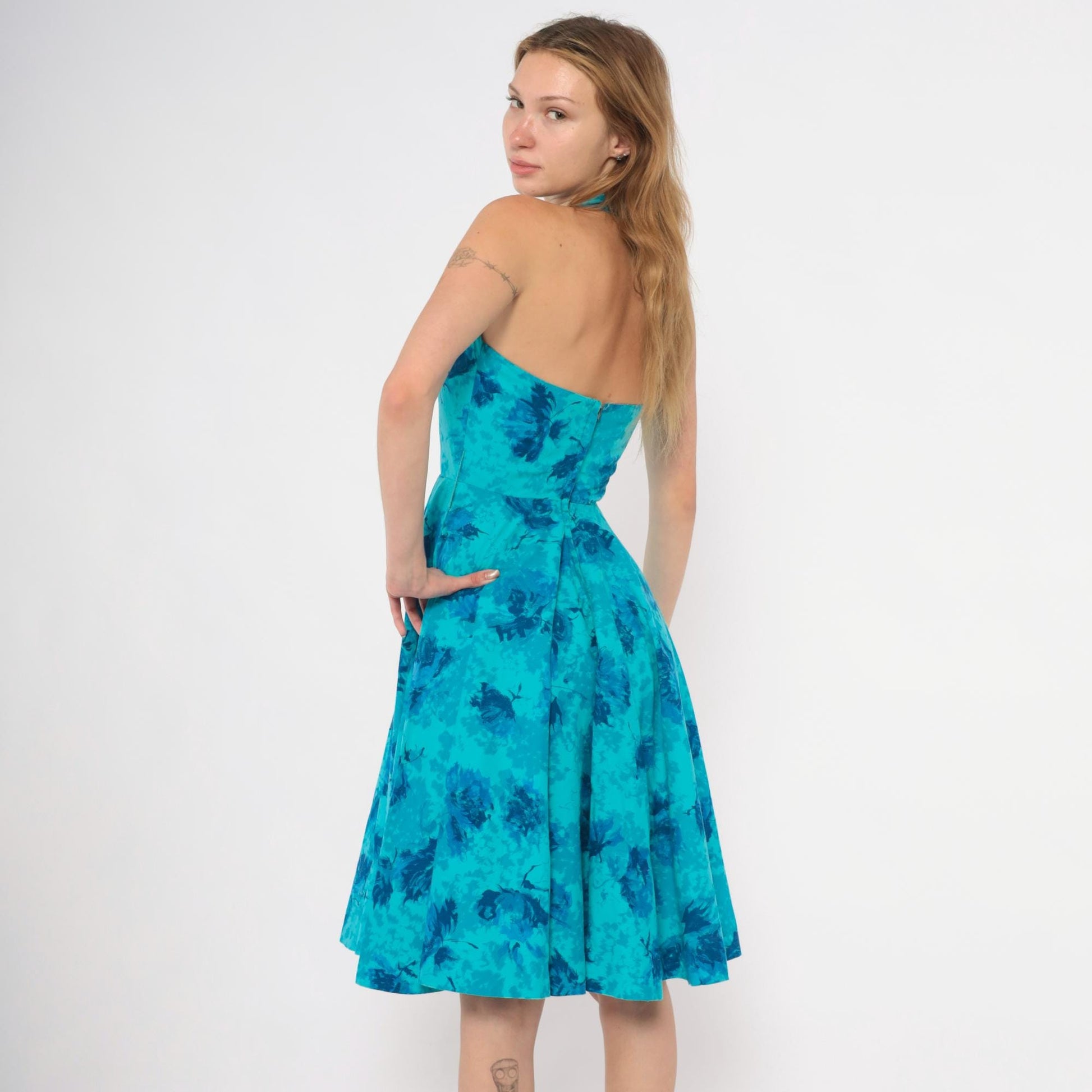 1950s Makoff Halter Dress Turquoise Floral Rhinestone Pleated Circle Skirt Extra Small XS