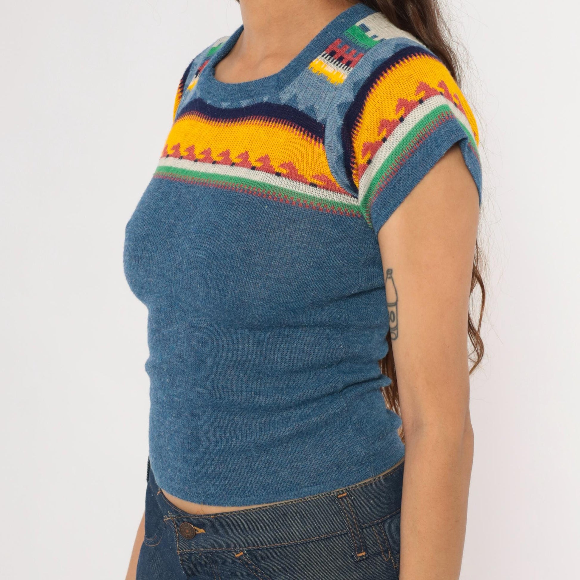 70s JCPenney Southwestern Fair Isle Knit Top Cap Sleeve Cropped Extra Small XS