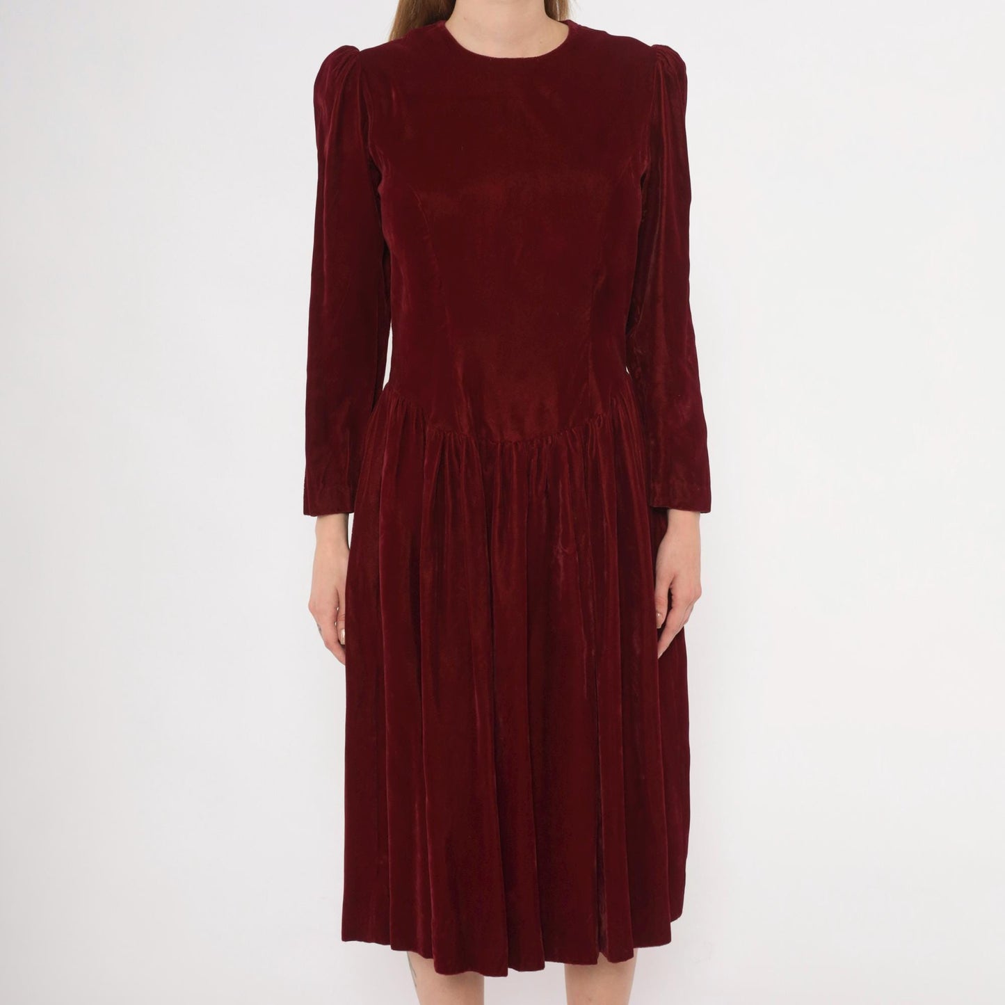 70s Burgundy Velvet Midi Dress Puff Sleeve Fitted Waist Small