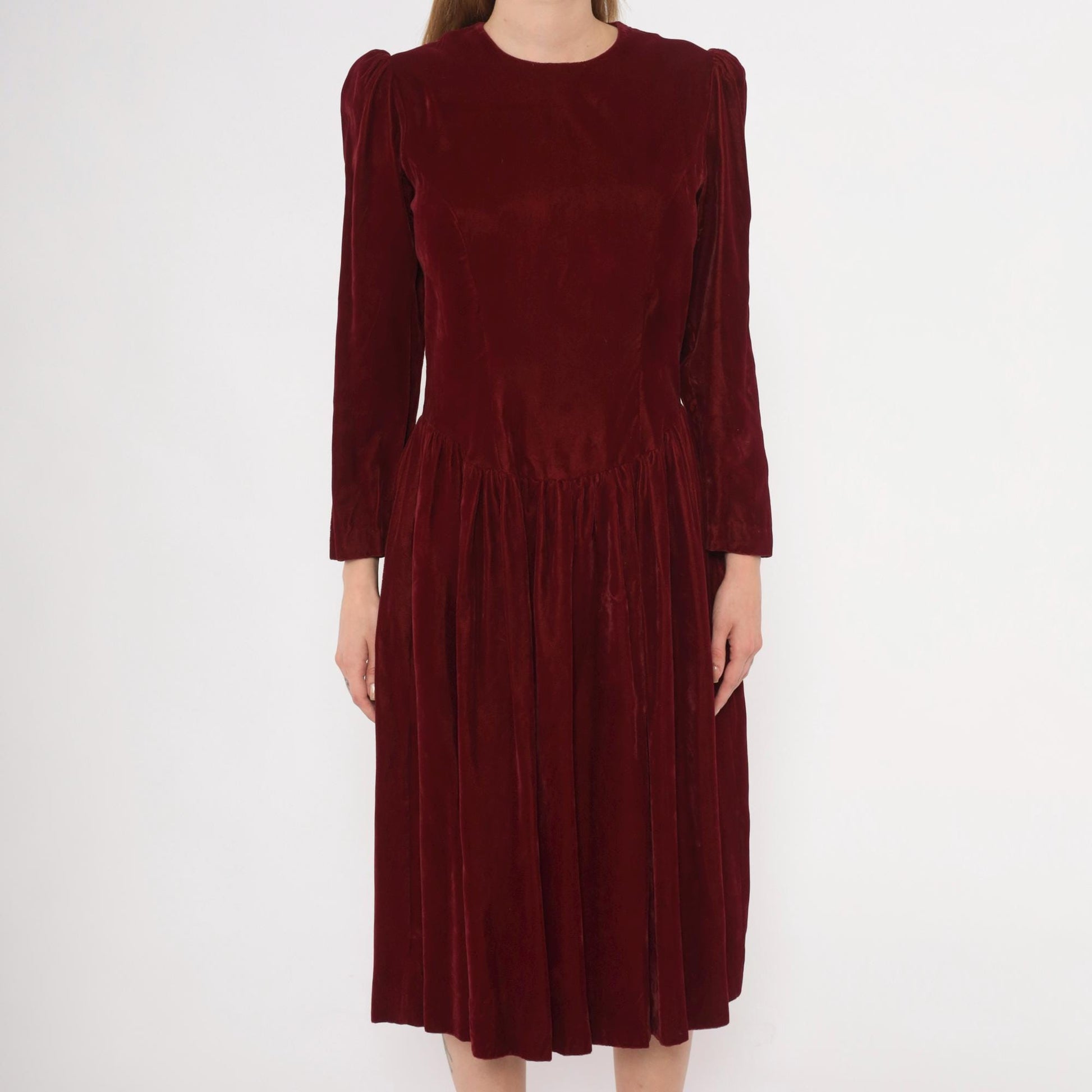 70s Burgundy Velvet Midi Dress Puff Sleeve Fitted Waist Small