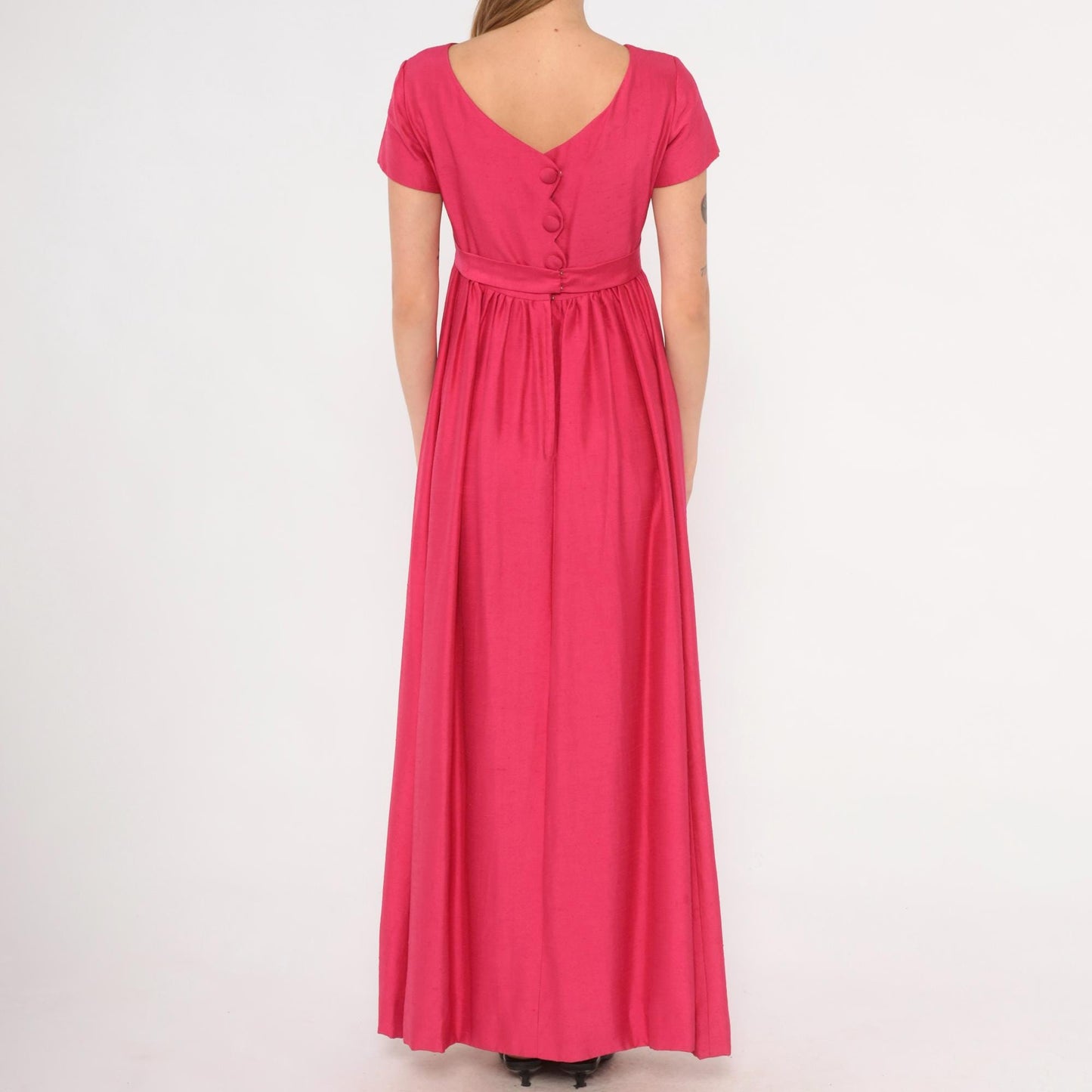 60s Emma Domb Fuchsia Empire Waist Maxi Gown Cap Sleeve Extra Small XS