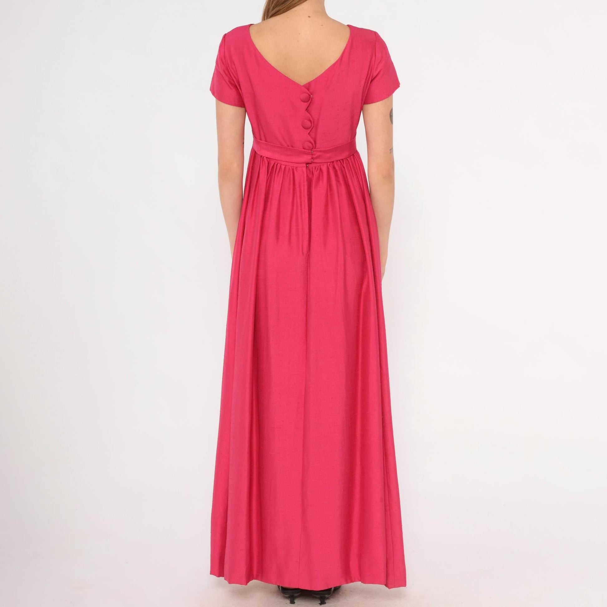 60s Emma Domb Fuchsia Empire Waist Maxi Gown Cap Sleeve Extra Small XS