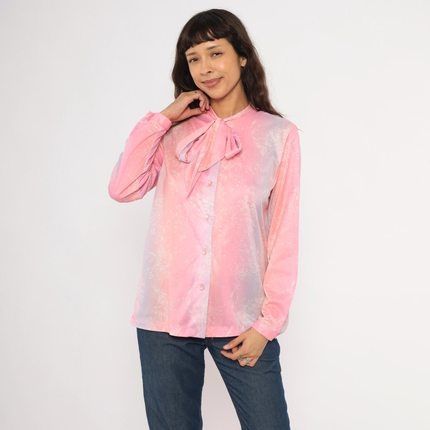 70s Pink Lavender Floral Pussy Bow Blouse Pearl Snap Button Front Medium M