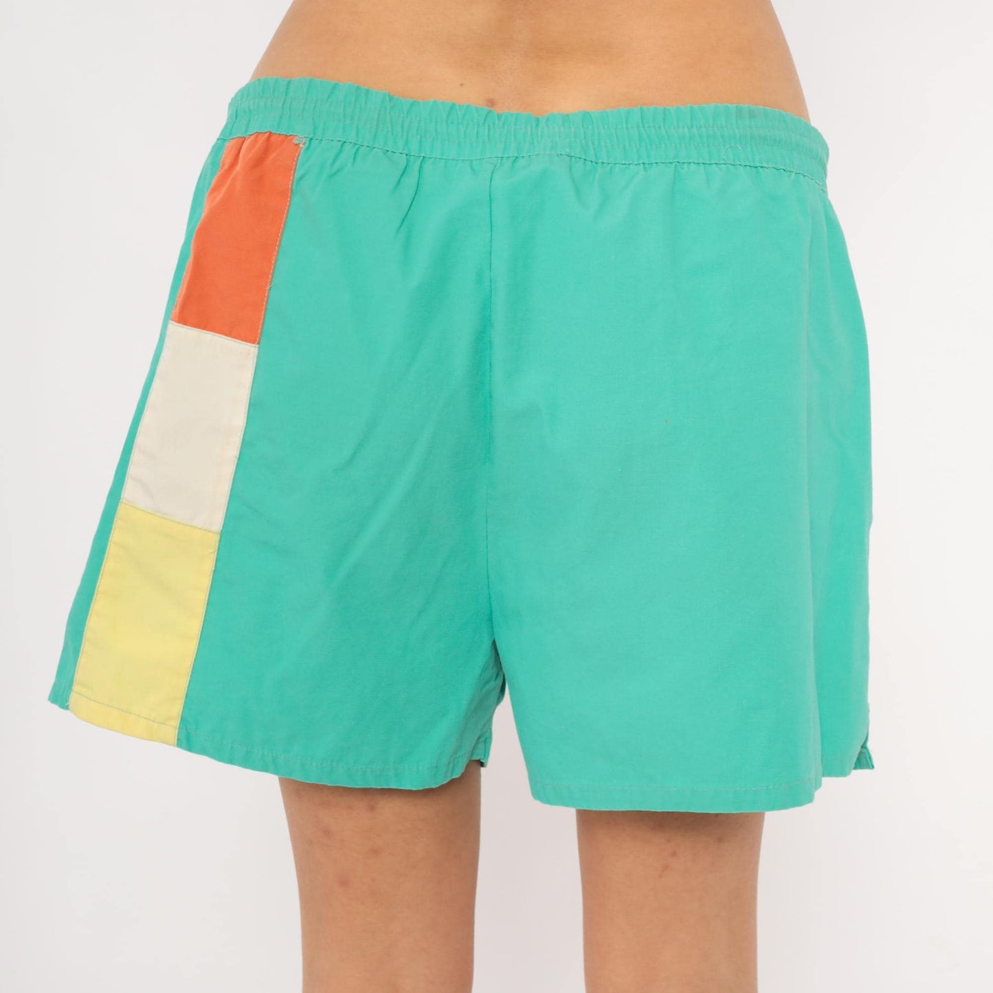 80s Freestyle Color Block Swim Trunks Teal Orange Yellow Men's Large