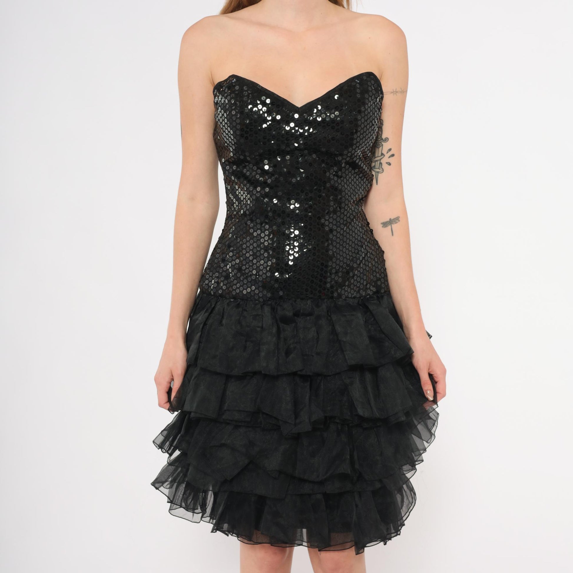 80s Tadashi Sequin Strapless Dress Sweetheart Neckline Tiered Ruffle Mini Black Small S