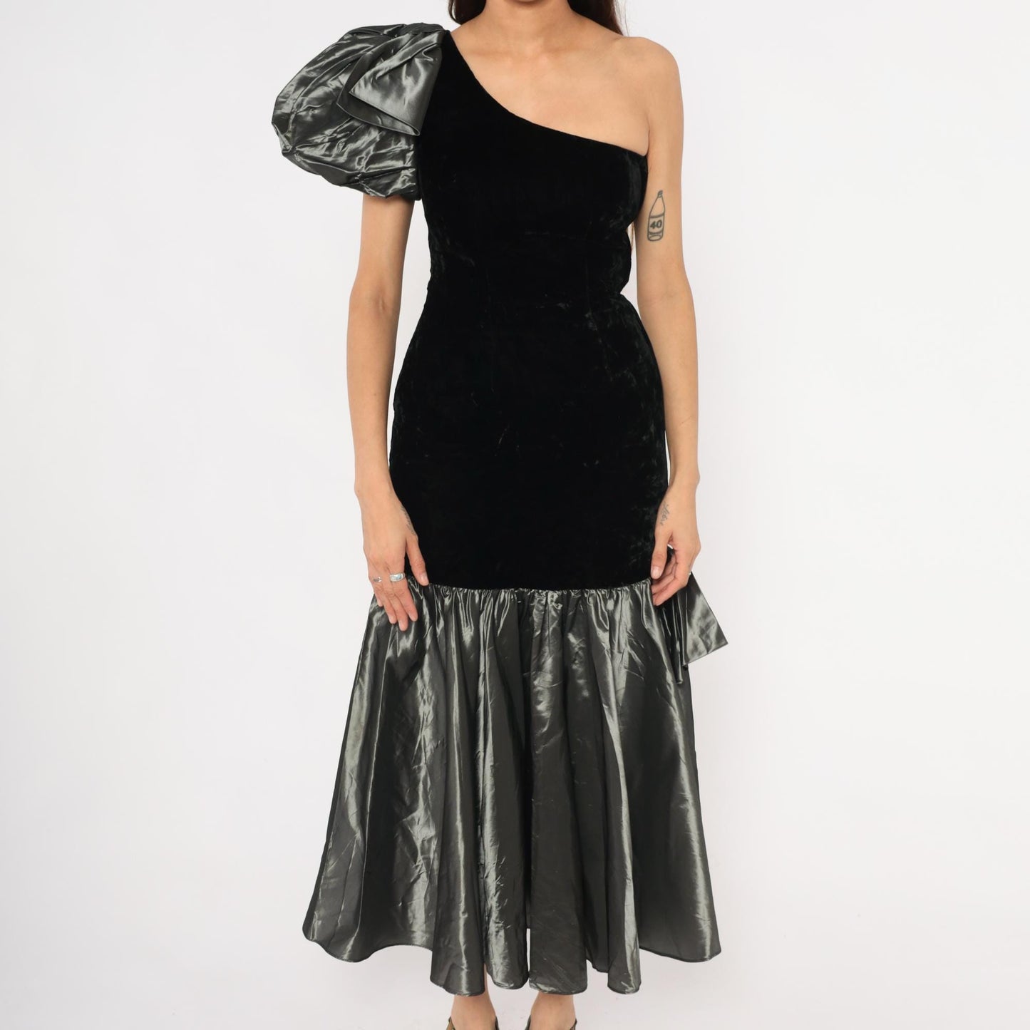 80s Alyce Designs One-Shoulder Velvet Gown Black Mermaid Hem Puff Sleeve Extra Small XS