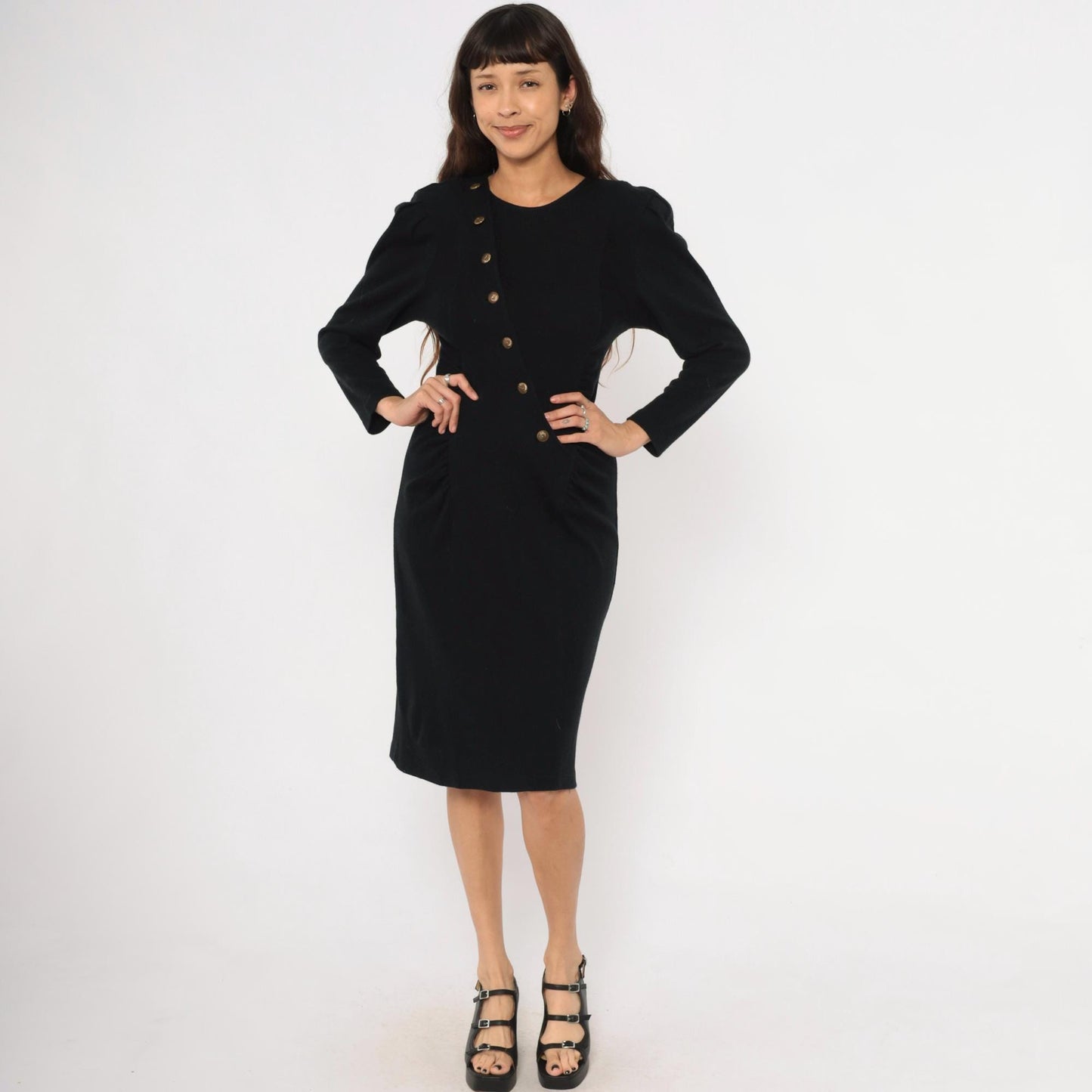 80s All That Jazz Black Puff Sleeve Dress Gold Buttons Ruched Waist Small S