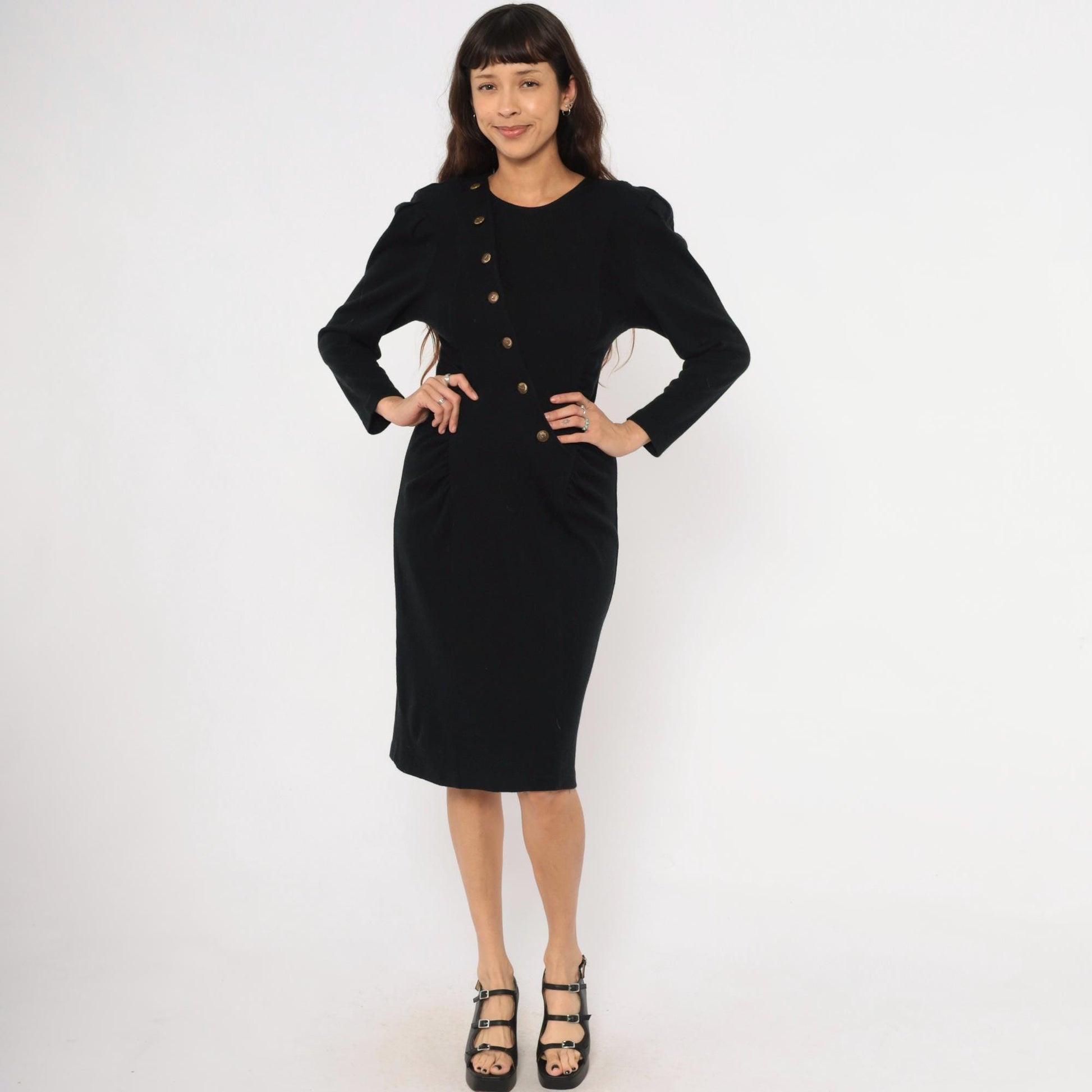 80s All That Jazz Black Puff Sleeve Dress Gold Buttons Ruched Waist Small S