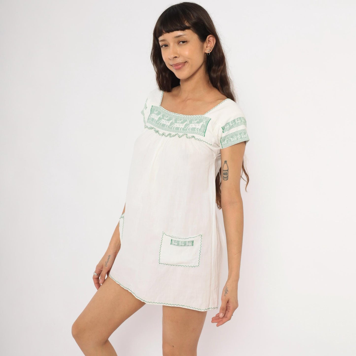 80s White Green Embroidered Deer Mini Dress Cotton Puff Sleeve Square Neck Extra Small XS