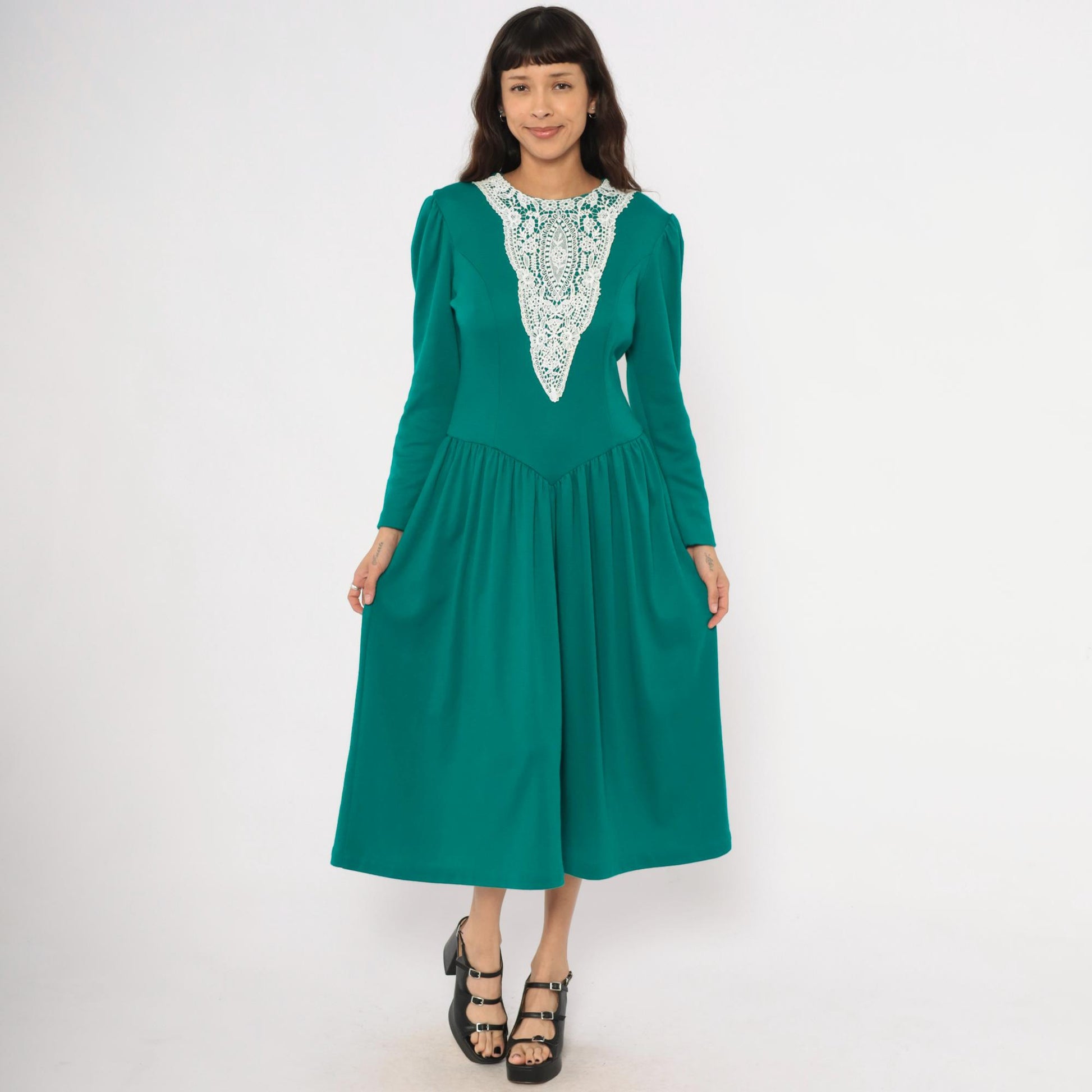 80s Expo Teal Midi Dress Lace Bib Puff Sleeve Fitted Bodice Medium M