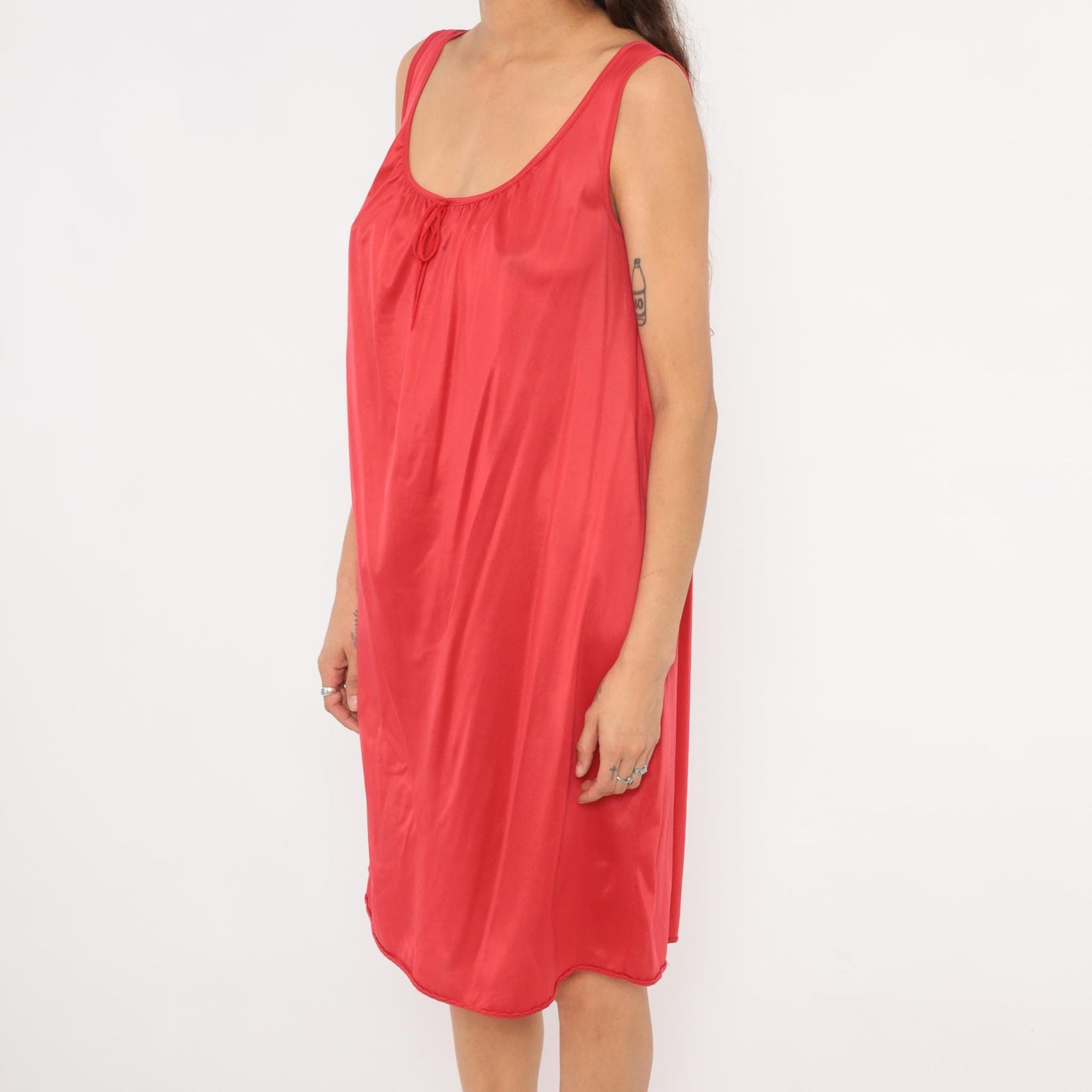 80s Eve Moral Red Satin Nightgown Scoop Neck Knee Length Medium M