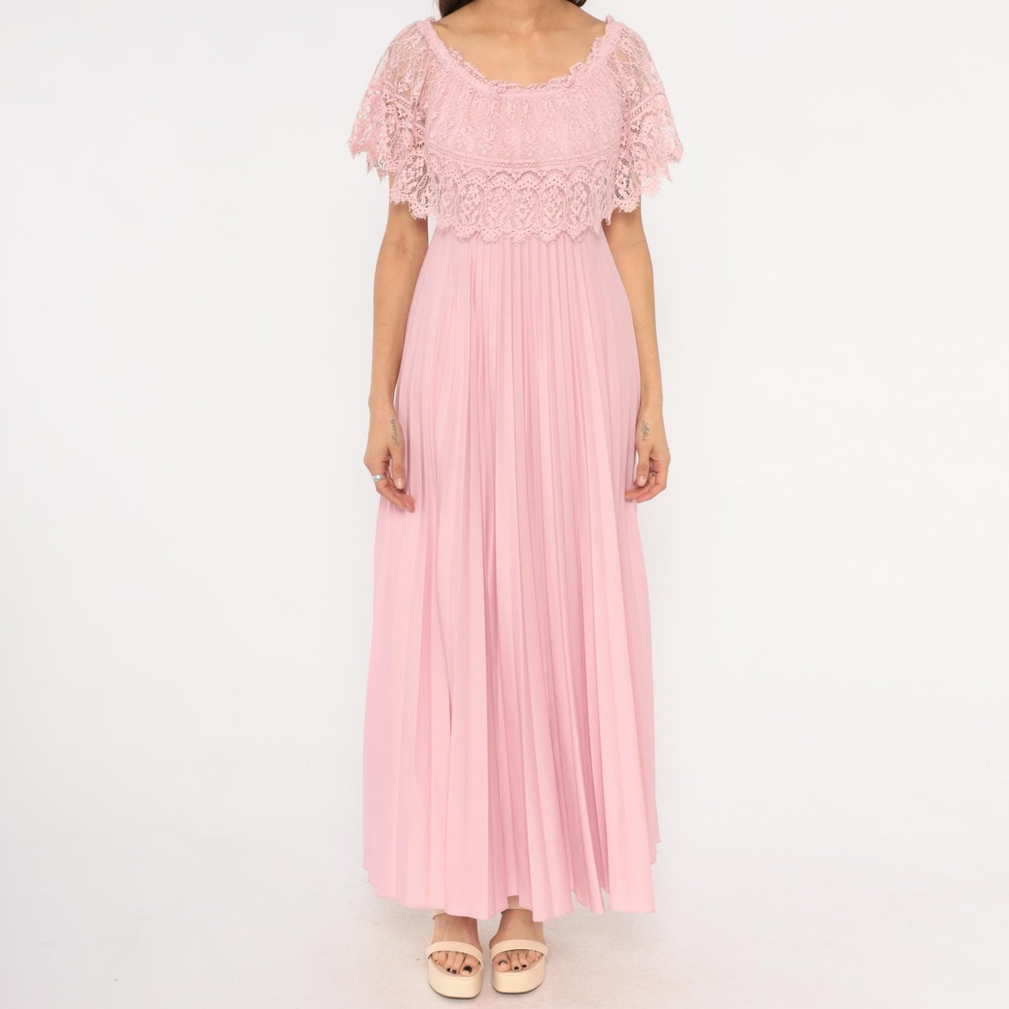 70s Pink Lace Cape Maxi Dress Scalloped Flutter Sleeve Accordion Pleated Small S