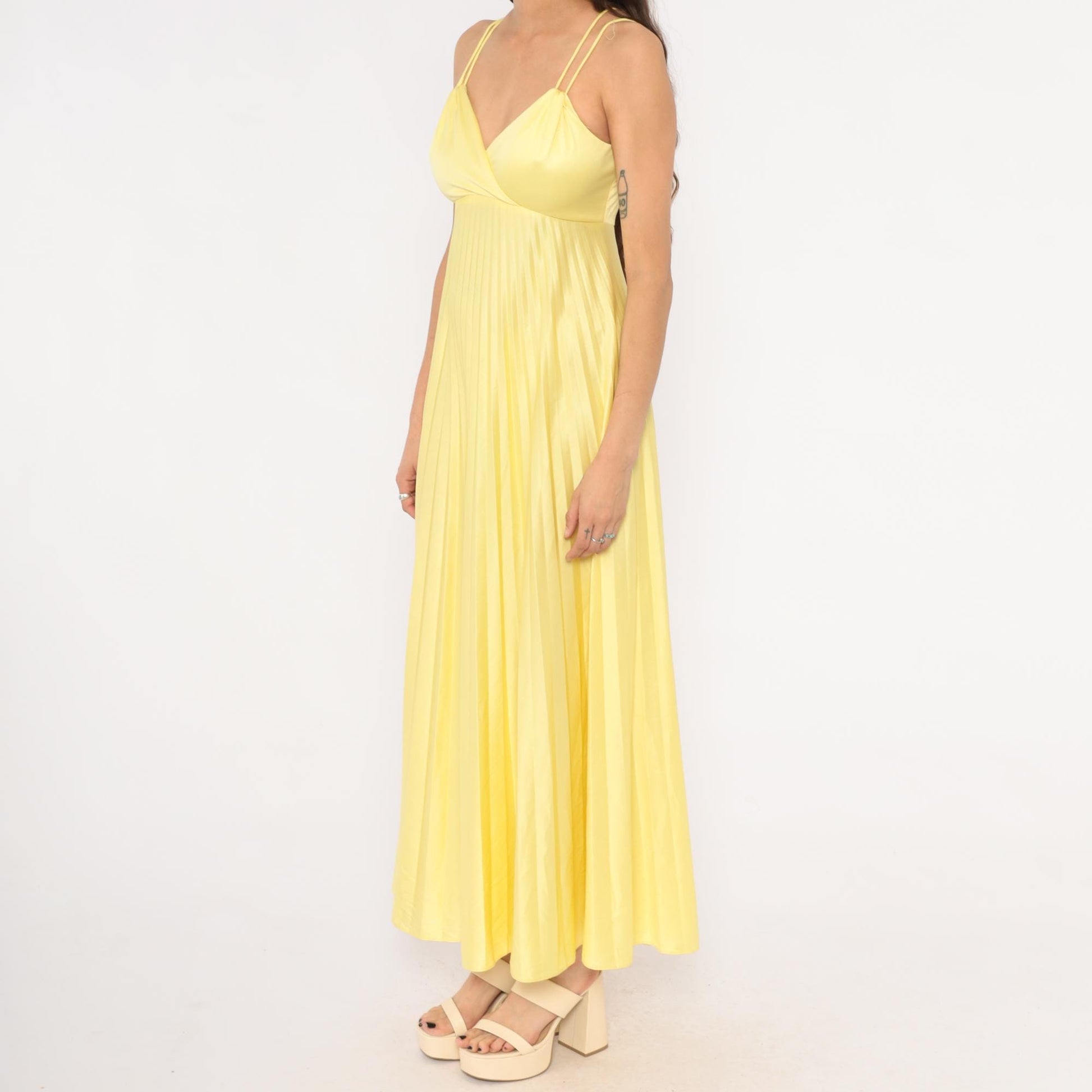 70s Yellow Pleated Maxi Dress Empire Waist Accordion Pleat Surplice Small