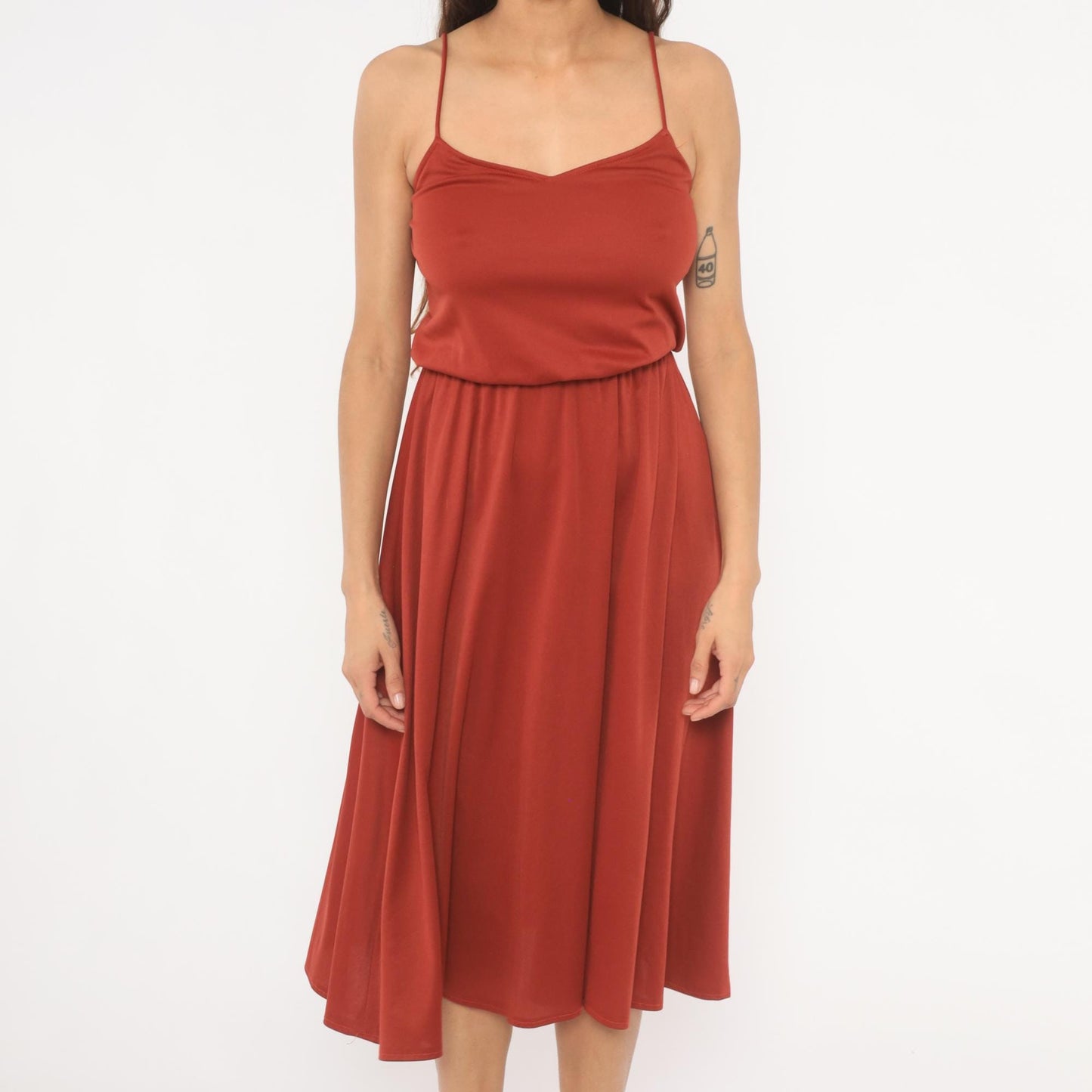 70s Niki Rust Midi Sundress V Neck Blouson Waist Flared Skirt Extra Small XS
