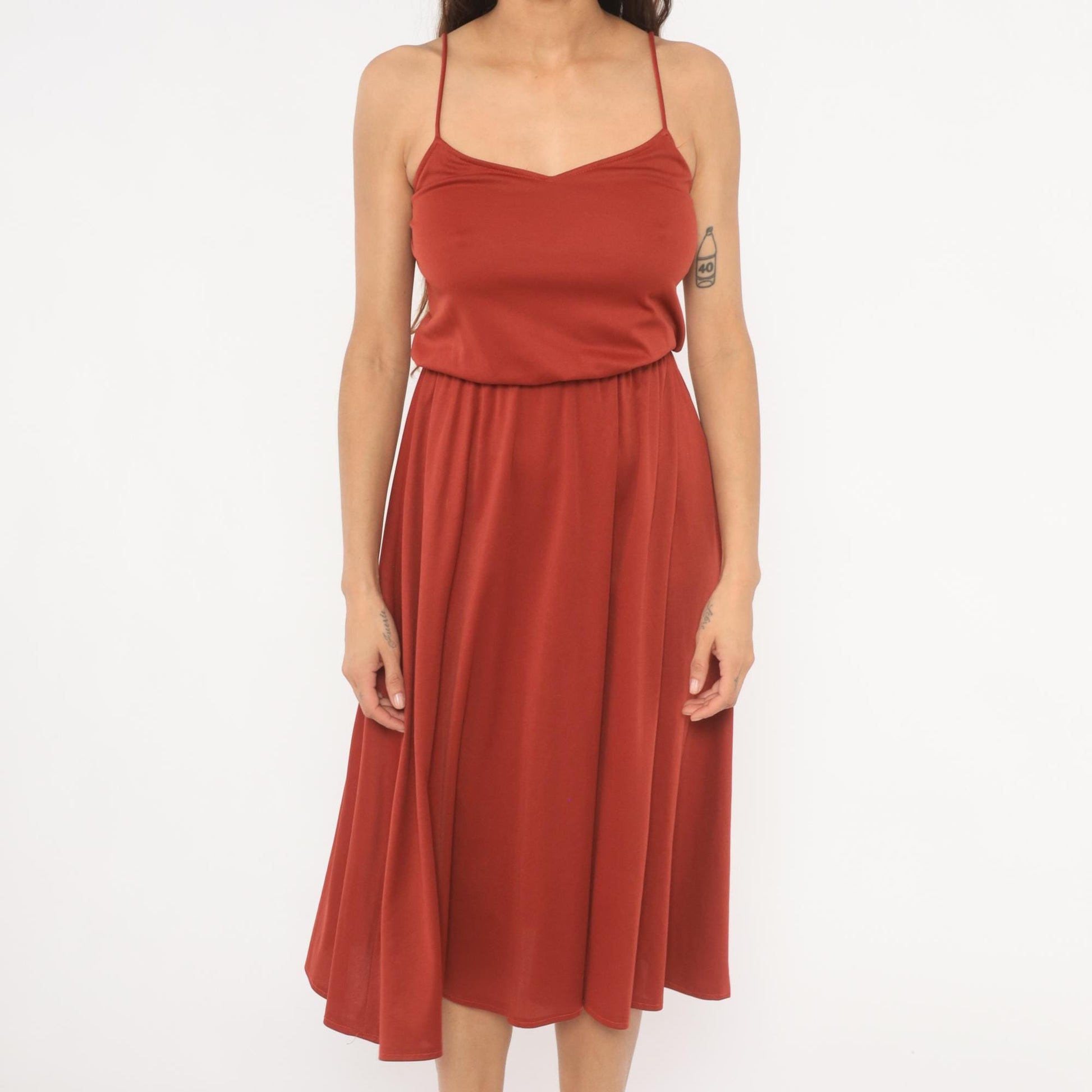 70s Niki Rust Midi Sundress V Neck Blouson Waist Flared Skirt Extra Small XS