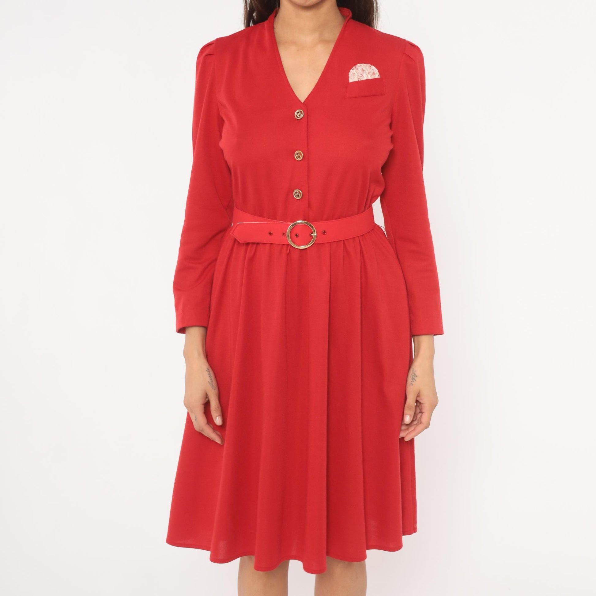 80s Tabby of California Red Day Dress Puff Sleeve V-Neck Gold Buttons Small S