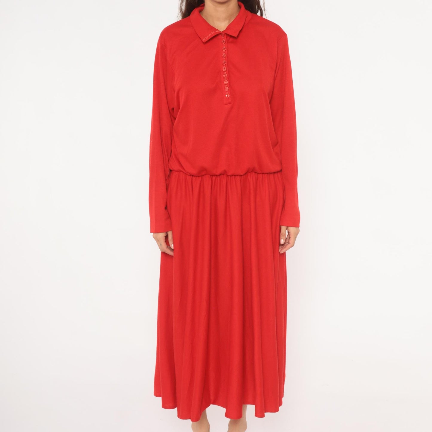 90s Positive Attitude Red Polo Dress Maxi Gathered Waist Long Sleeve Large L