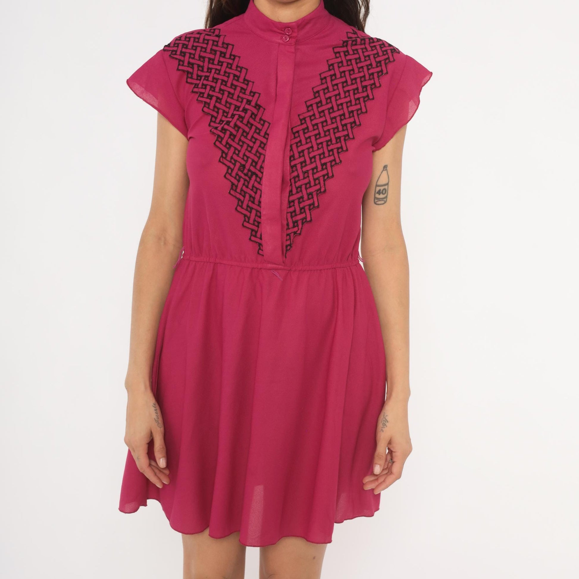 80s Good News from California Fuchsia Mini Dress Mandarin Collar Geometric Embroidery Small S