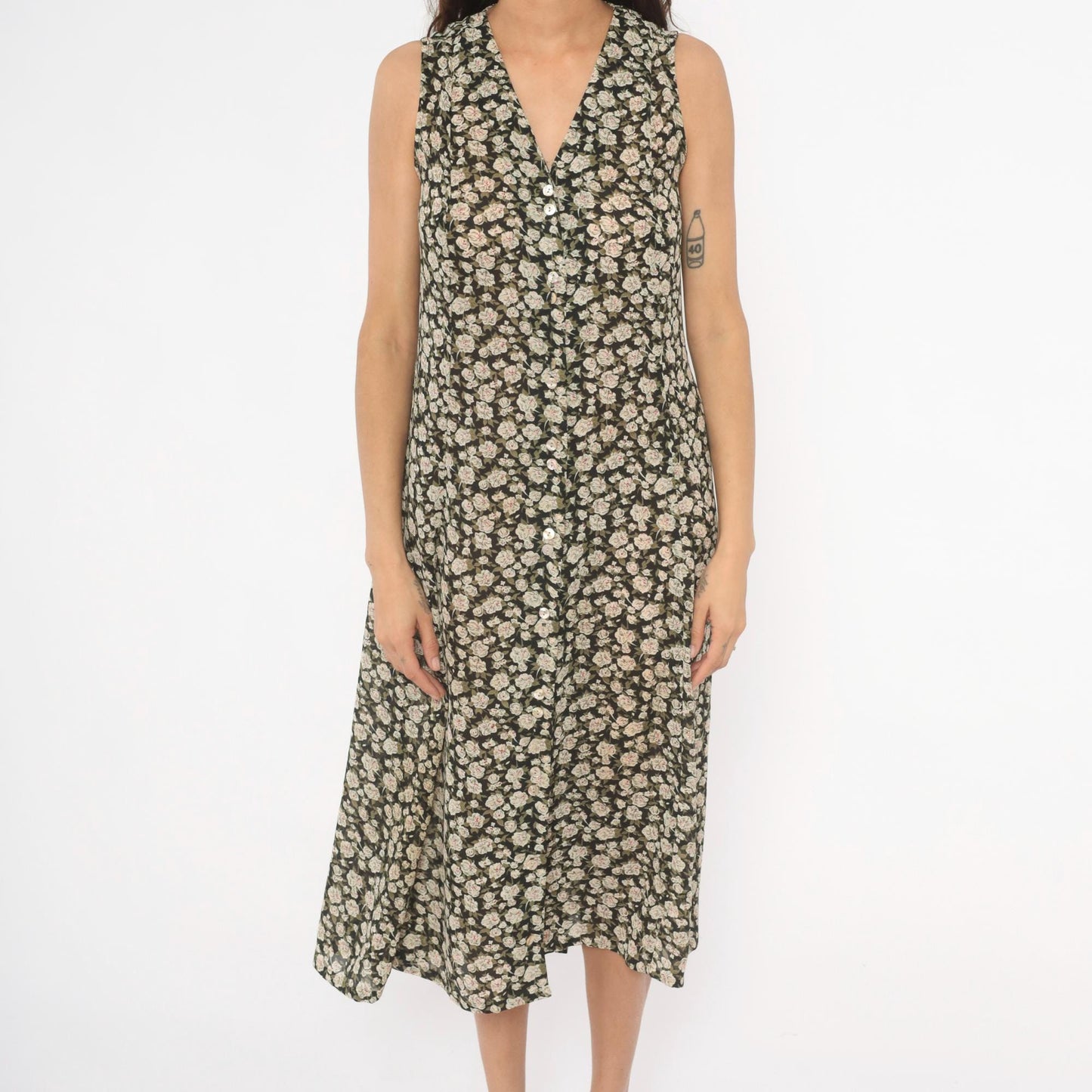 90s Express Floral Midi Dress V-Neck Black Cream Rose Print Size 9