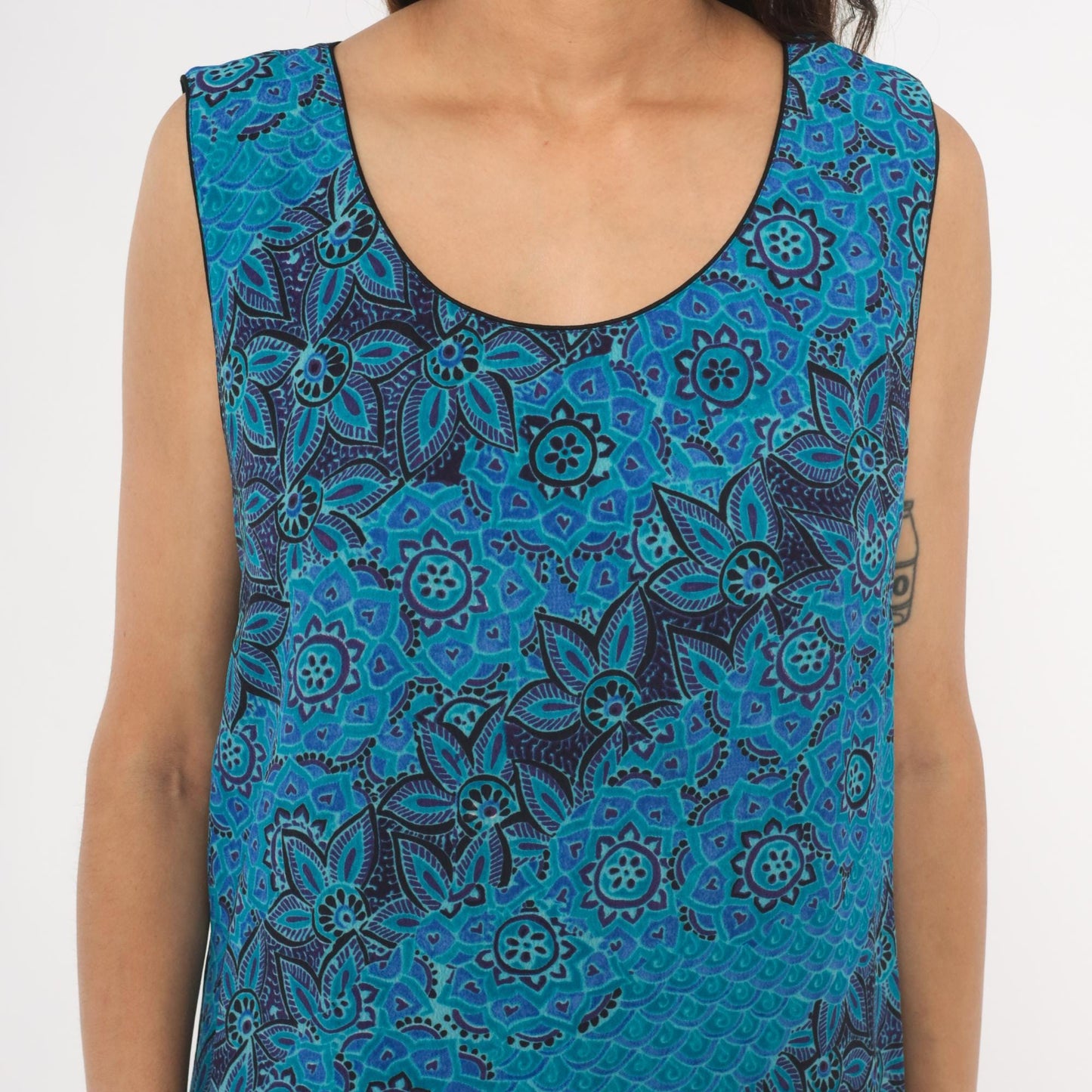 90s Sarah Elizabeth Batik Floral Maxi Dress Teal Navy Scoop Neck Tank Extra Large XL