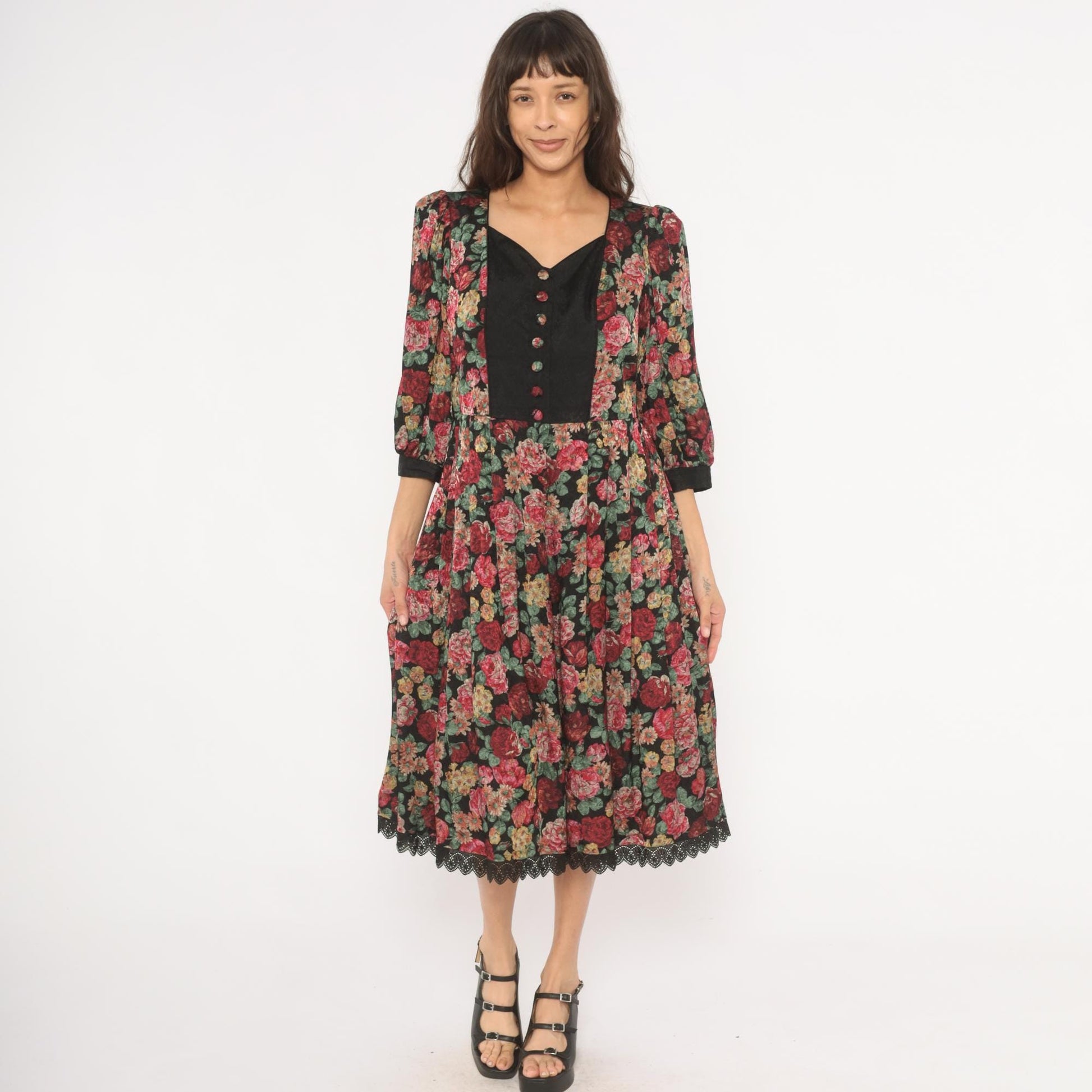 90s Rose Dirndl Dark Floral Midi Dress Black Sweetheart Neckline Medium M