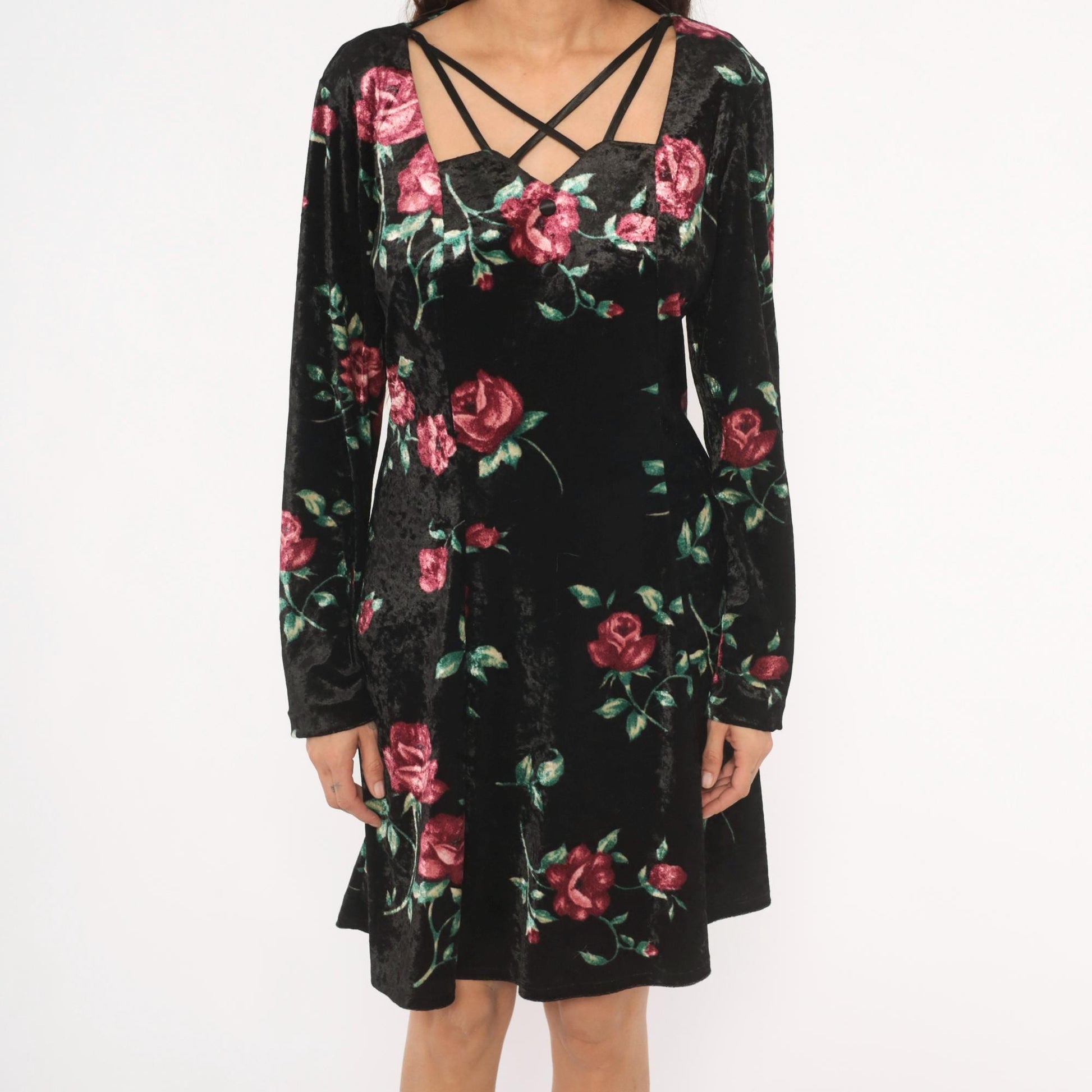 90s Jamie Brooke Velvet Mini Dress Black Rose Floral Square Neckline Large L
