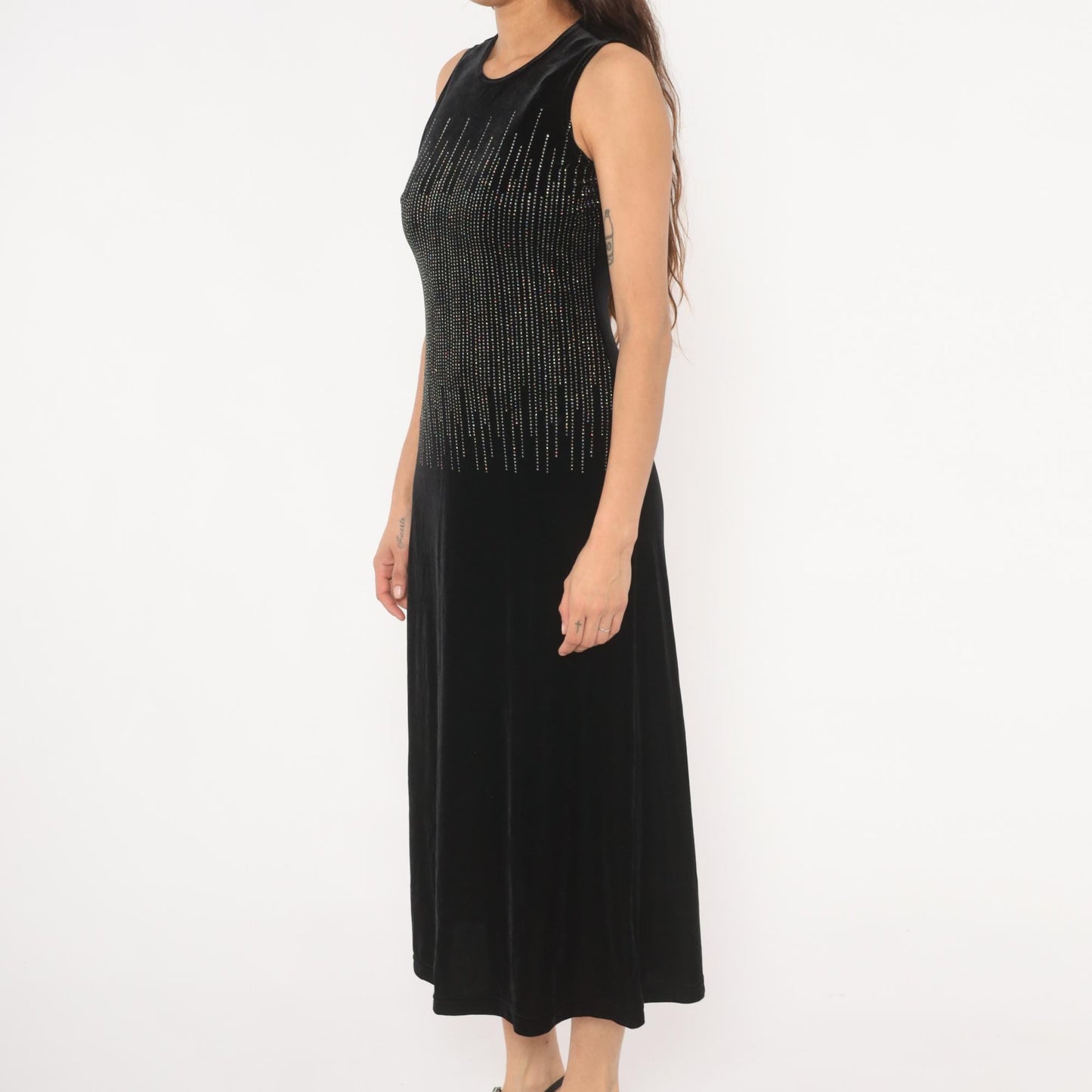 90s Ronni Nicole Black Velvet Midi Dress Silver Beaded Small S