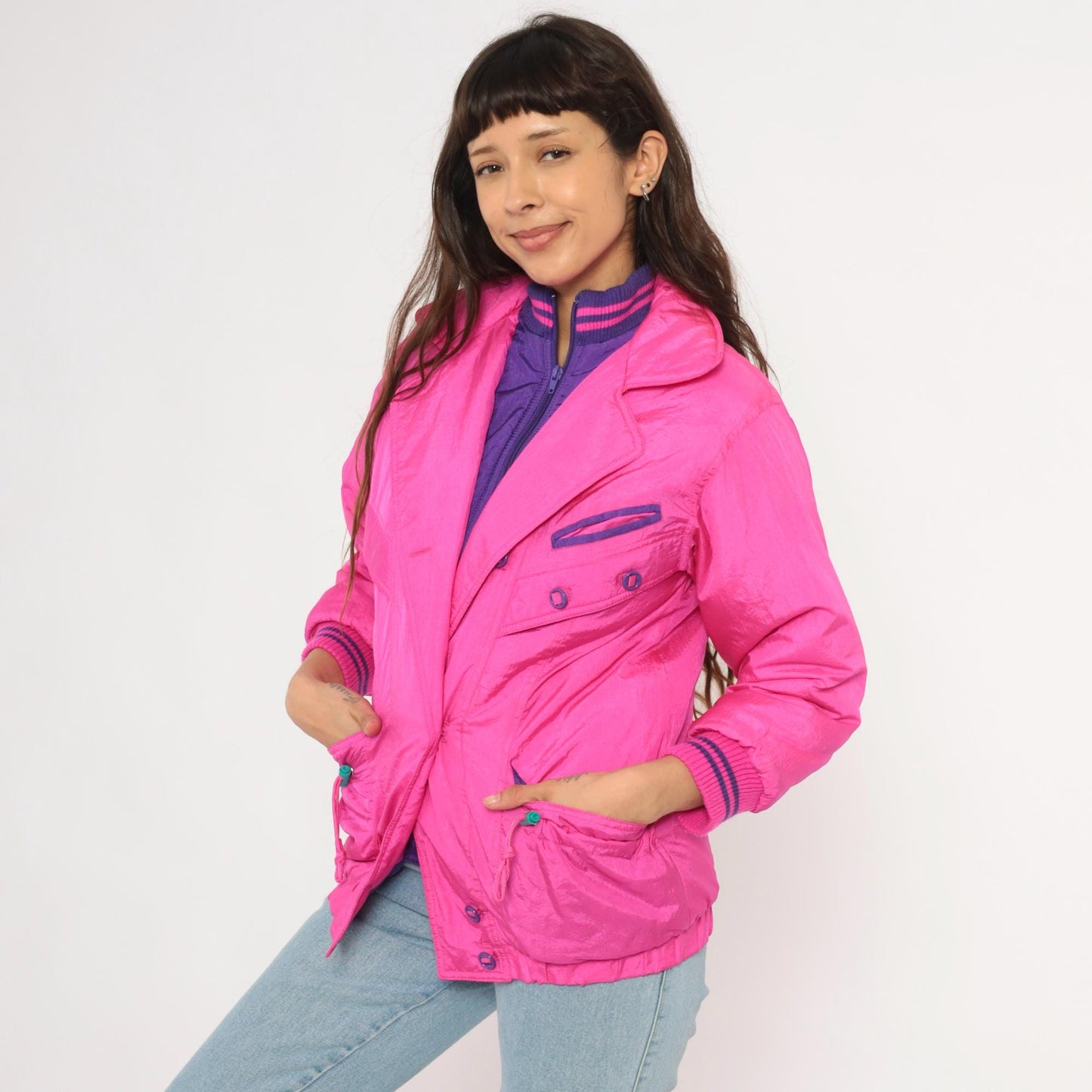 90s Survival Club Hot Pink Nylon Windbreaker Double Breasted Purple Lined XS