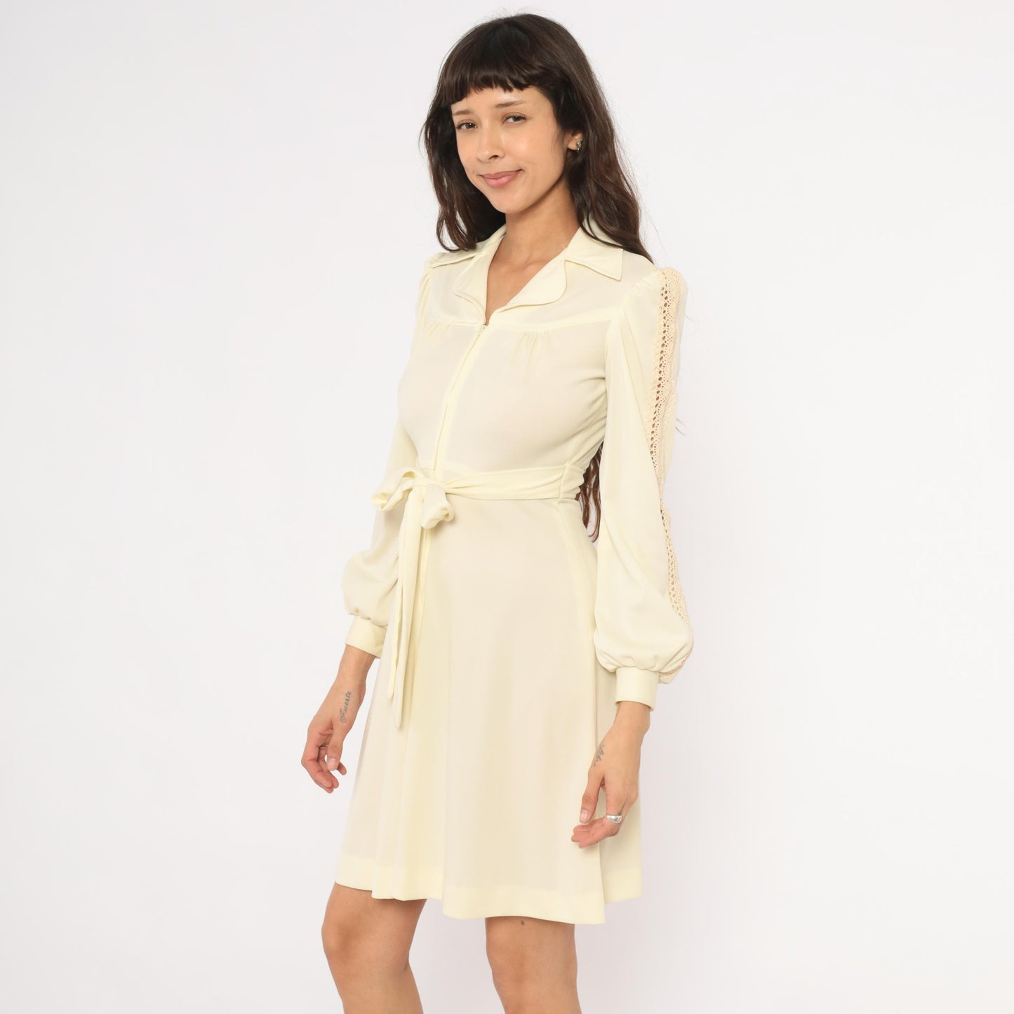 70s Cream Zip-Front Mini Dress Bishop Sleeve Crochet Lace Small S
