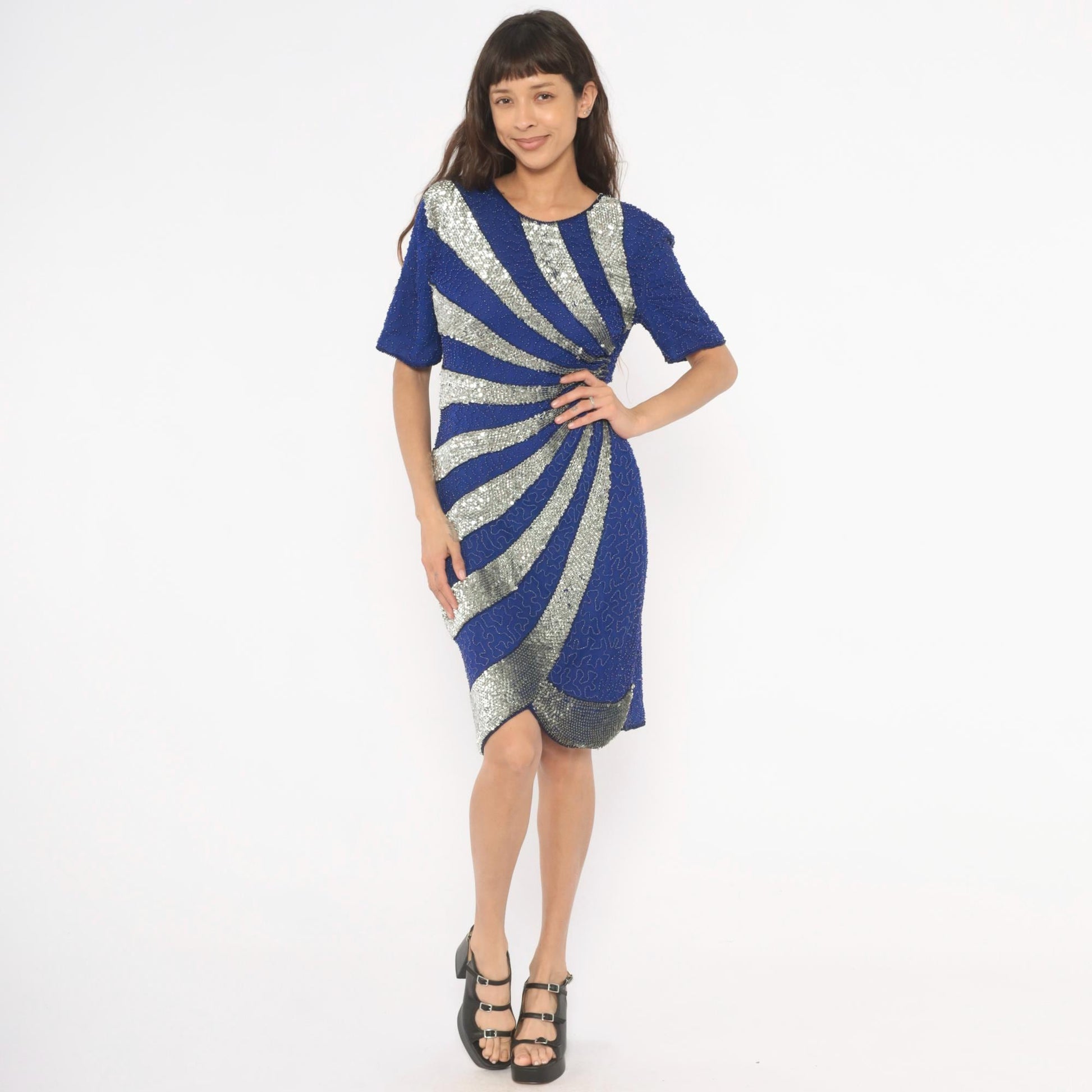80s Stenay Cobalt Blue Silver Sequin Silk Cocktail Dress Keyhole Back Medium M