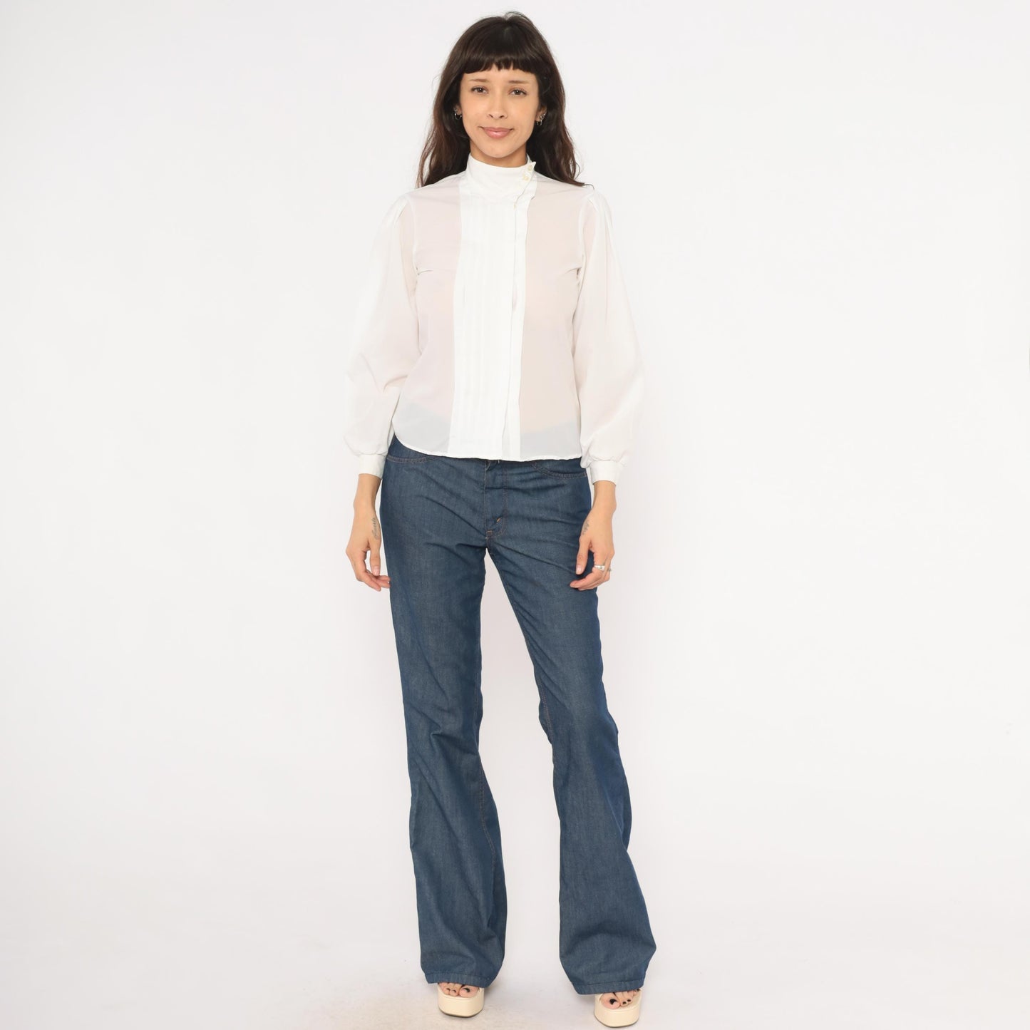 80s Kanga Sport White Pintuck Blouse Puff Sleeve High Collar Small S