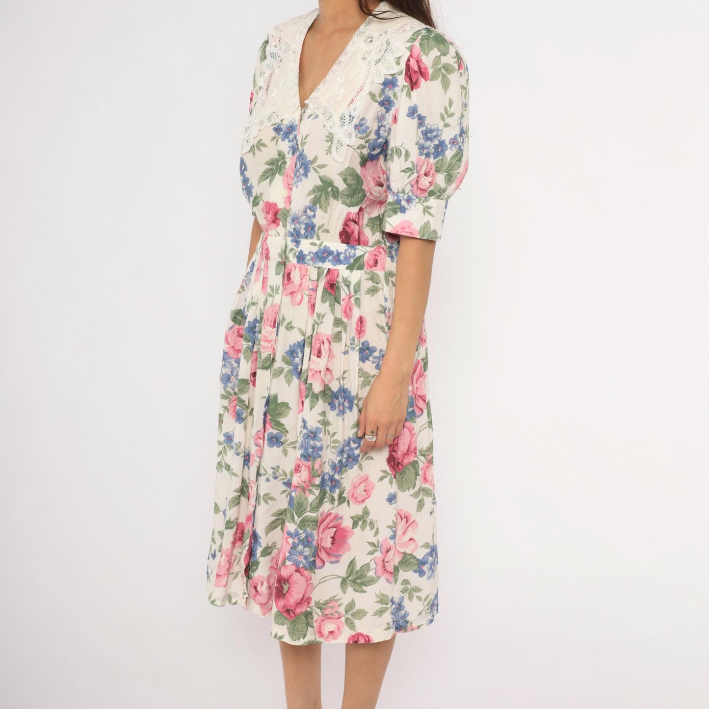 90s Karin Stevens Floral Midi Dress Lace Collar Puff Sleeve Pink Rose Large L