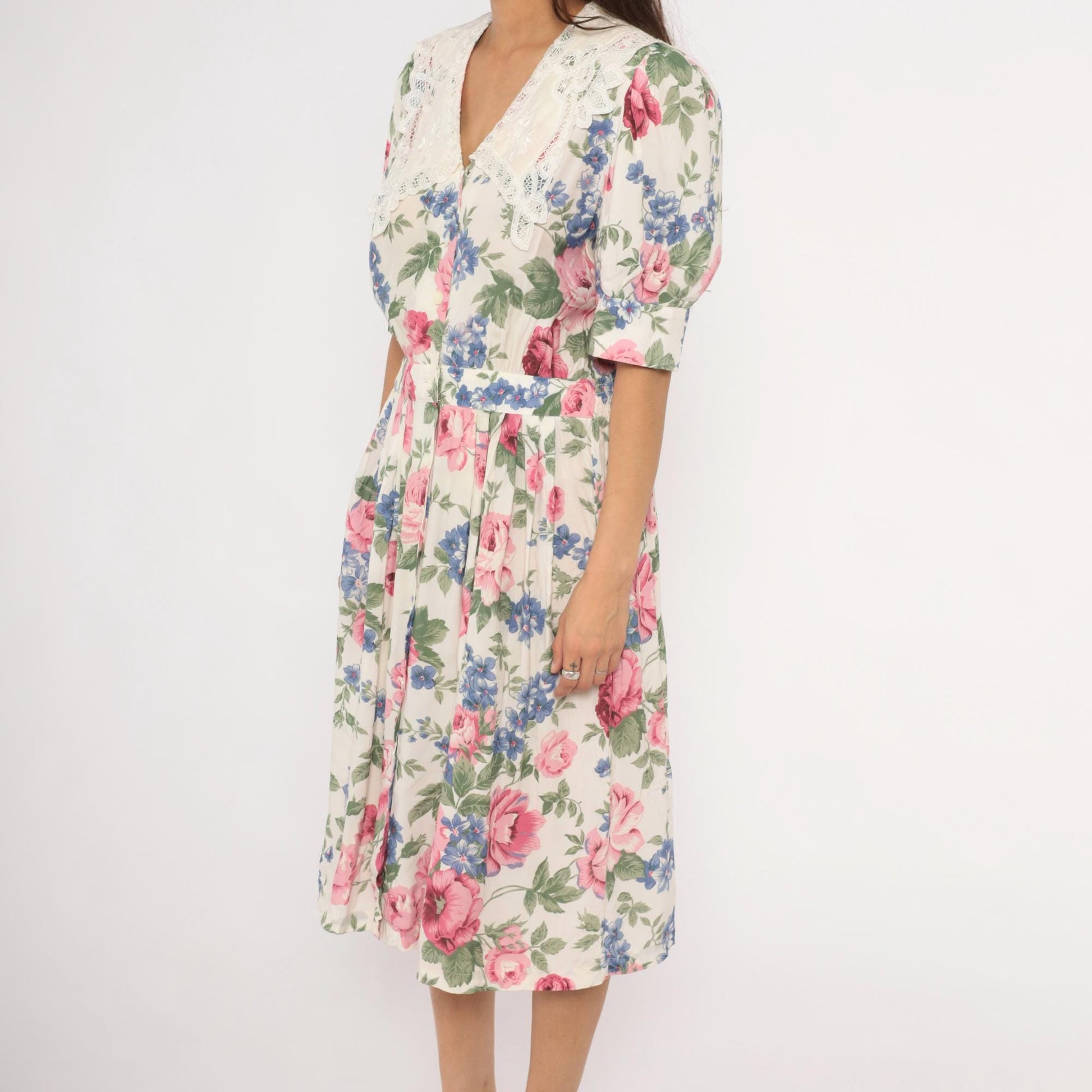 90s Karin Stevens Floral Midi Dress Lace Collar Puff Sleeve Pink Rose Large L
