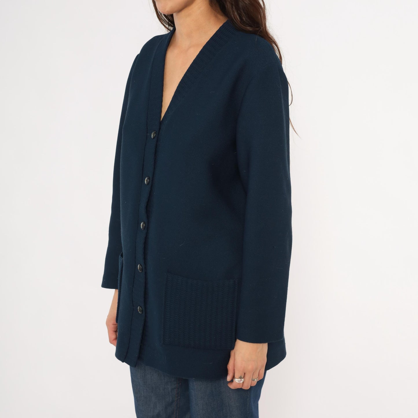 70s Navy Button Front Cardigan V Neck Knit Sweater Patch Pocket Large L