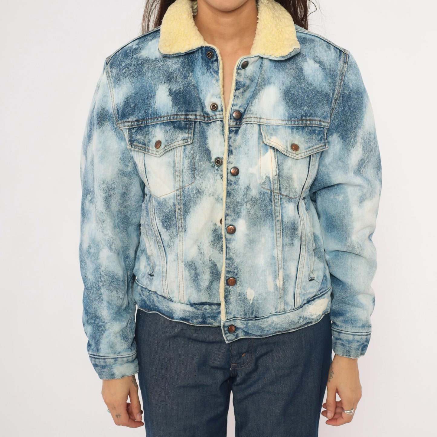 90s Silver Spur Western Acid Wash Denim Jacket Sherpa Lined Small